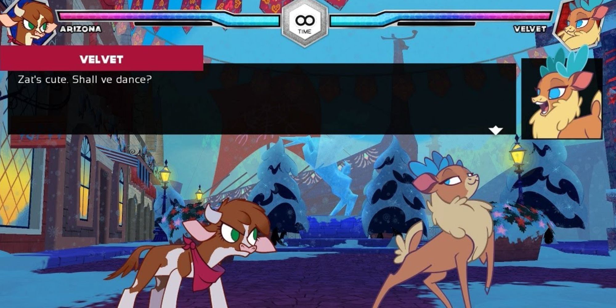 Velvet talking to Arizona in the Story Mode of Them's Fightin' Herds