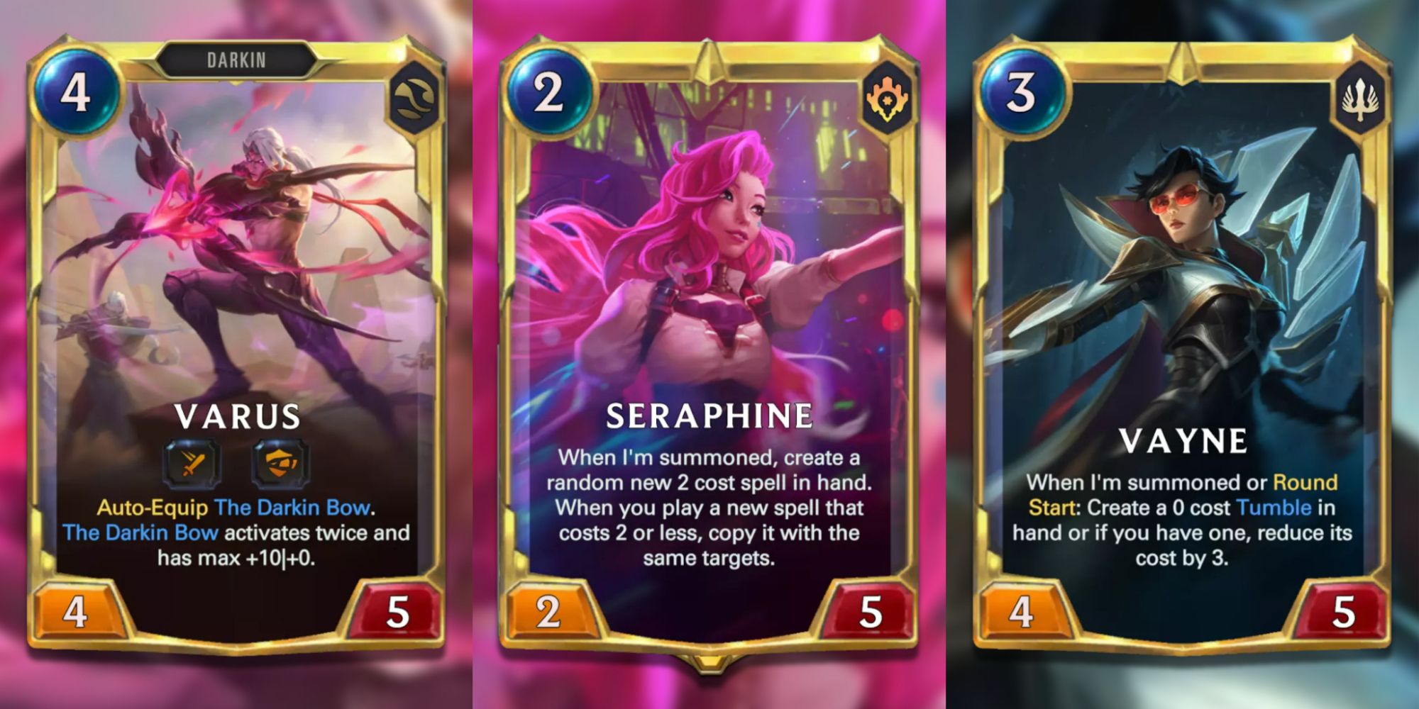Legends of Runeterra split image of Varus, Seraphine, and Vayne evolved cards