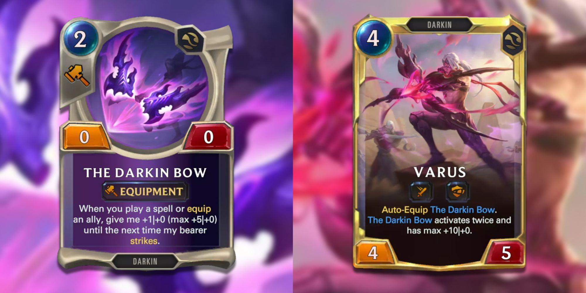 Legends of Runeterra Varus evolved card and the darkin bow equipment 