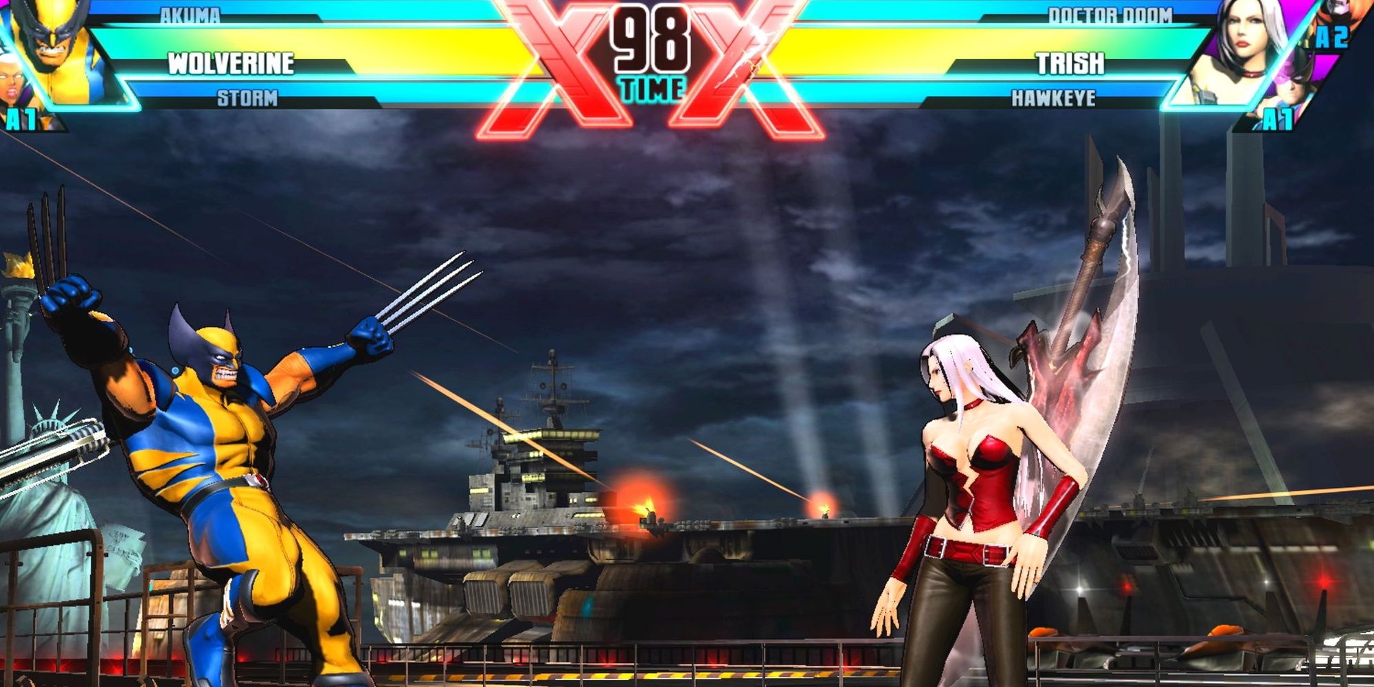 Wolverine fighting off with Trish from Devil May Cry in Ultimate Marvel vs. Capcom 3.
