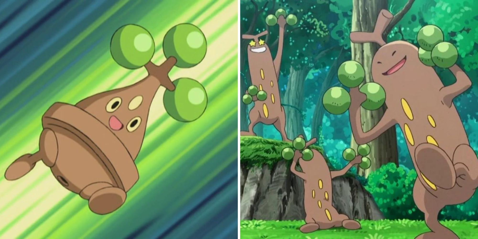 Bonsly jumps through the air and a bunch of Sudowoodo party in the woods