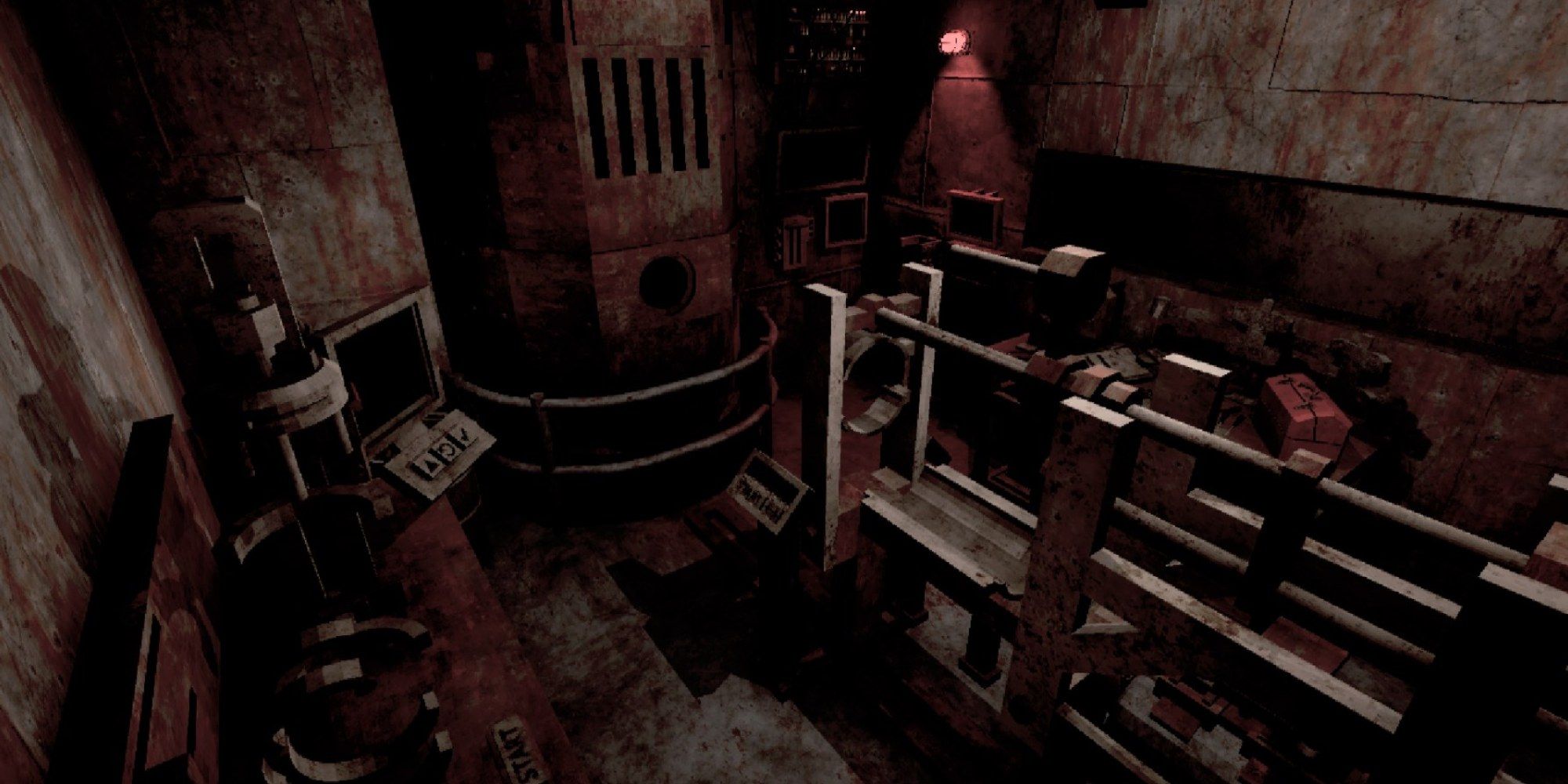 Carbon Steel screenshot showing an overview of the small lab room, covered in rust.