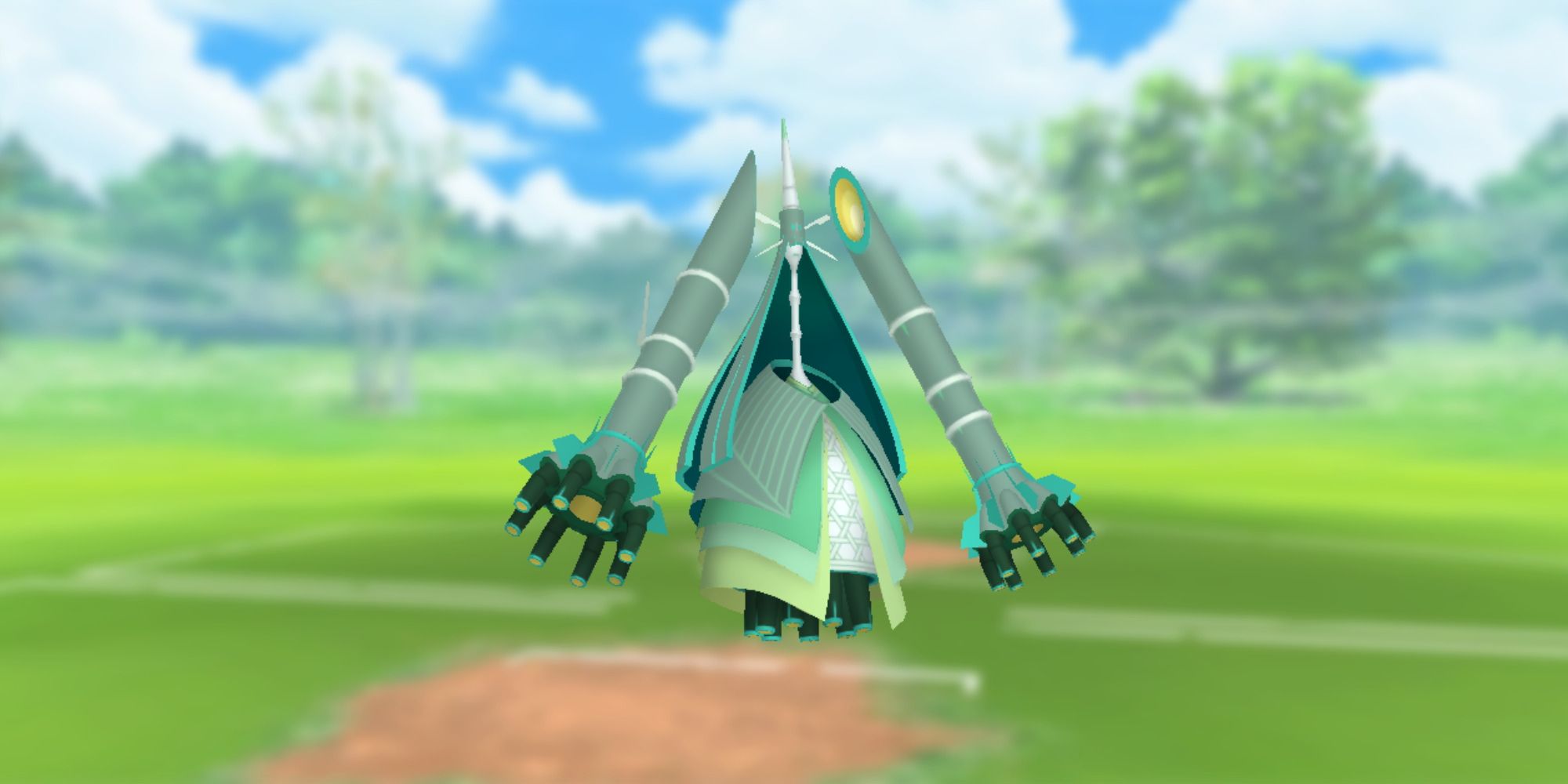 Celesteela from Pokemon with the Pokemon Go battlefield as the background