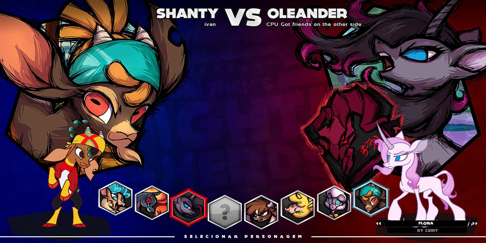 Shanty, a goat, and Oleander, a unicorn, face off in Them's Fightin' Herds' character select screen.