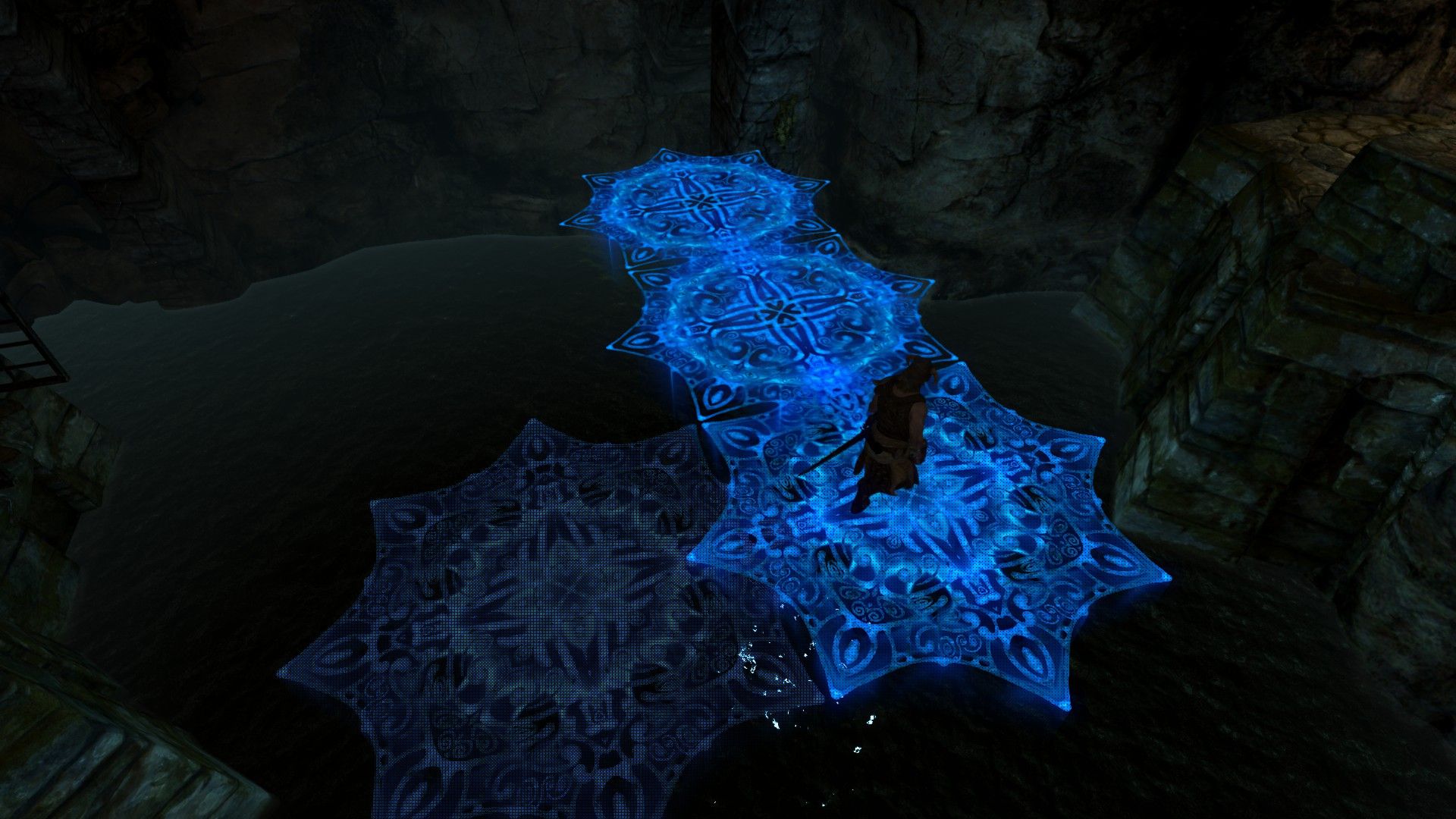 An adventurer dashes over glowing blue platforms suspended over water while they disappear behind him. 