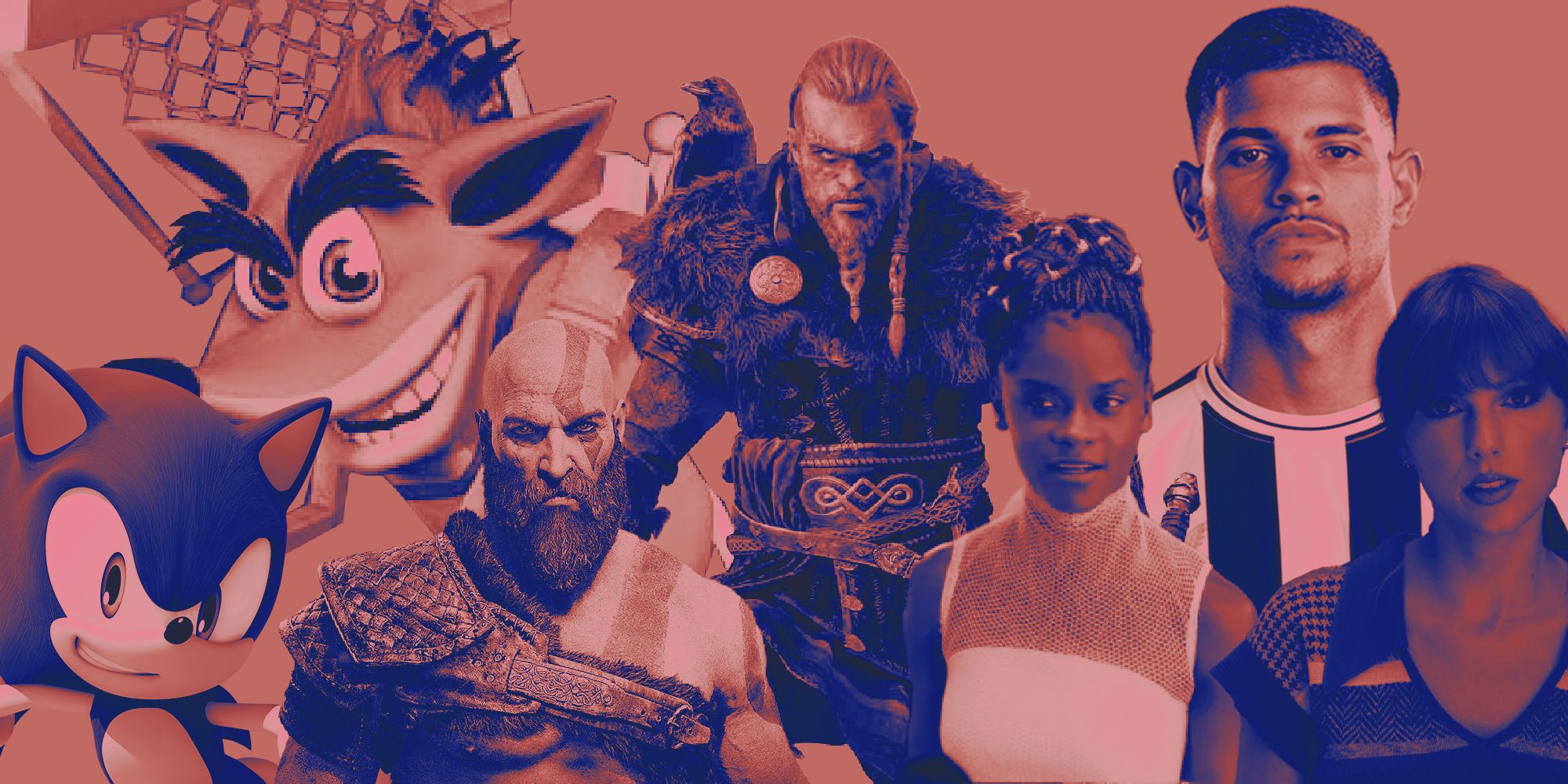 a collage of Sonic the Hedgehog, Crash Bandicoot, Kratos, Eivor, Shuri, Bruno Guimaraes, and Taylor Swift