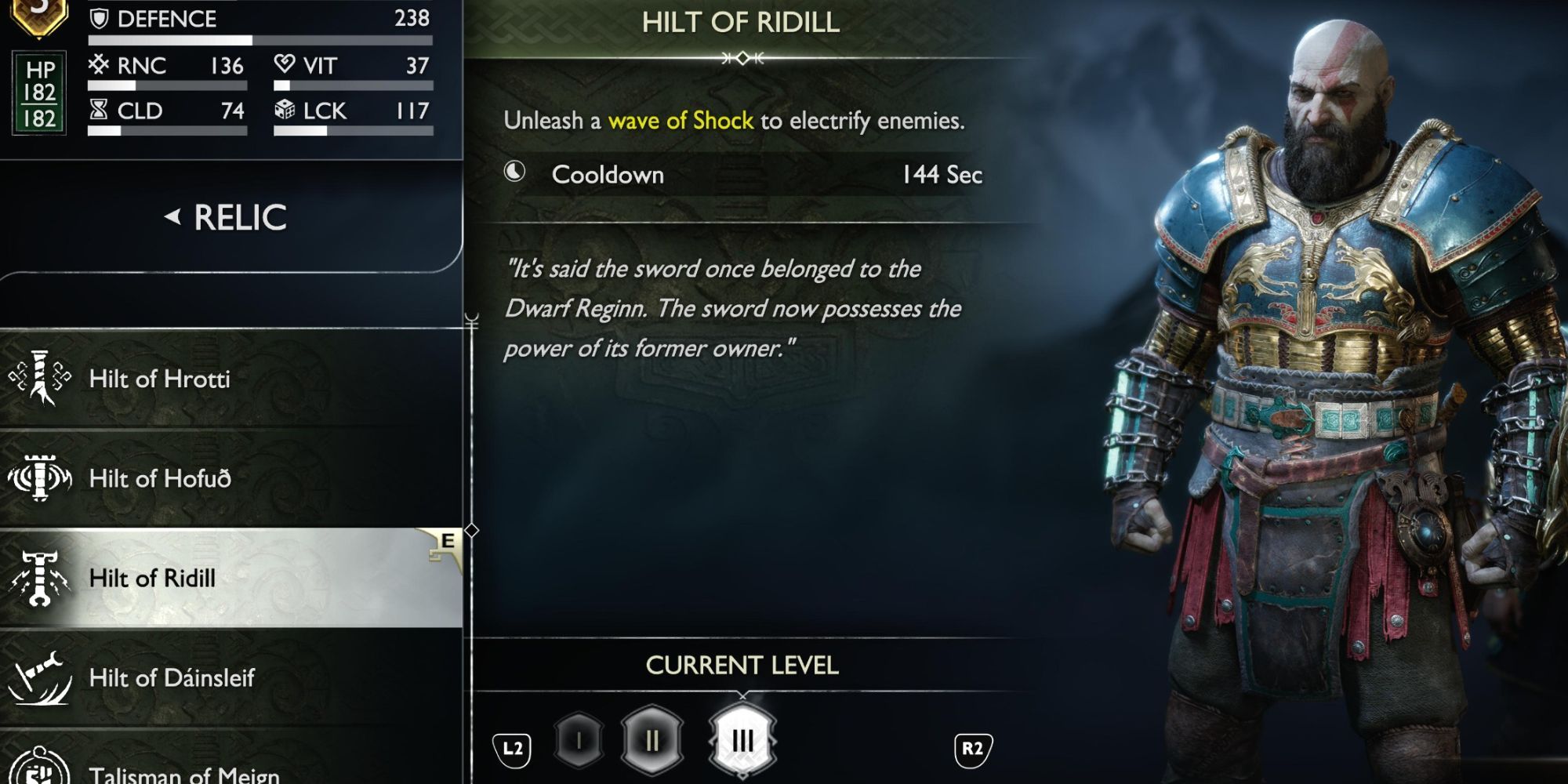 Weapon screen showing the Relic's Kratos has. The currently equipped relic is Hilt of Ridill.