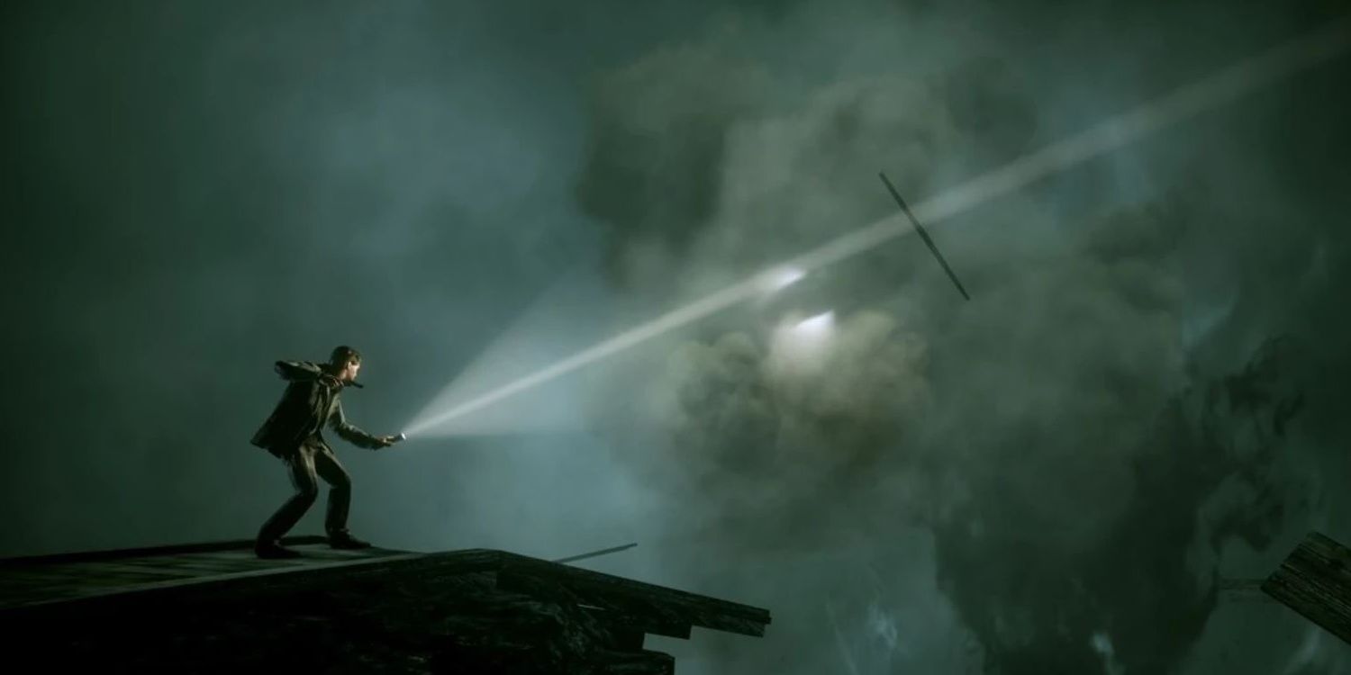 Alan Wake faces the Dark Presence, manifesting as a tornado