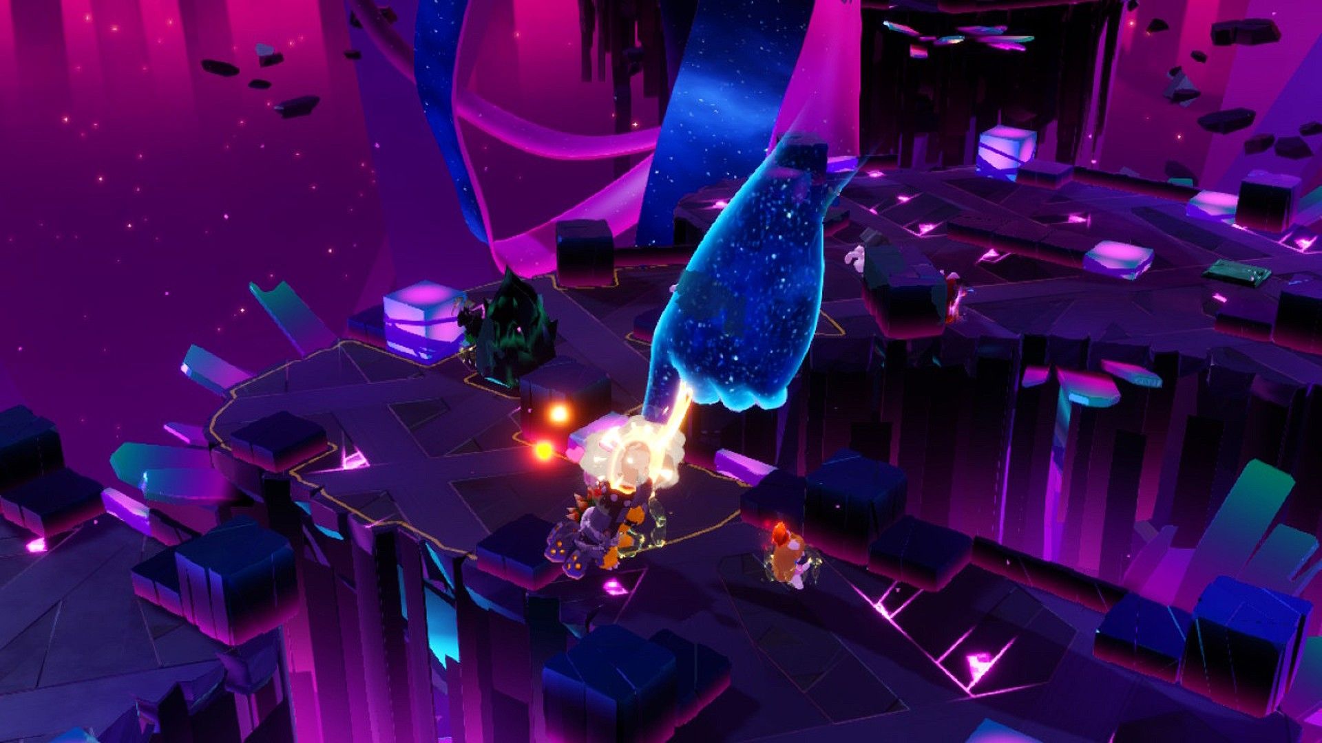 Cursa singles out bowser as Rabbid Peach attacks the astral arm in Mario + Rabbids: Sparks Of Hope
