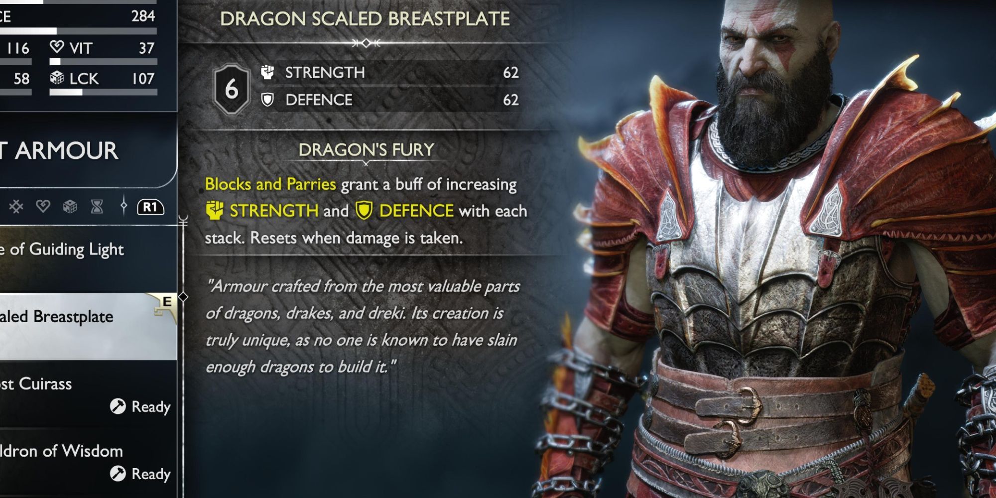Kratos on the right wearing the Dragon Scaled Breastplate and Dragon Scaled Bracers, On the left are the armor stats.