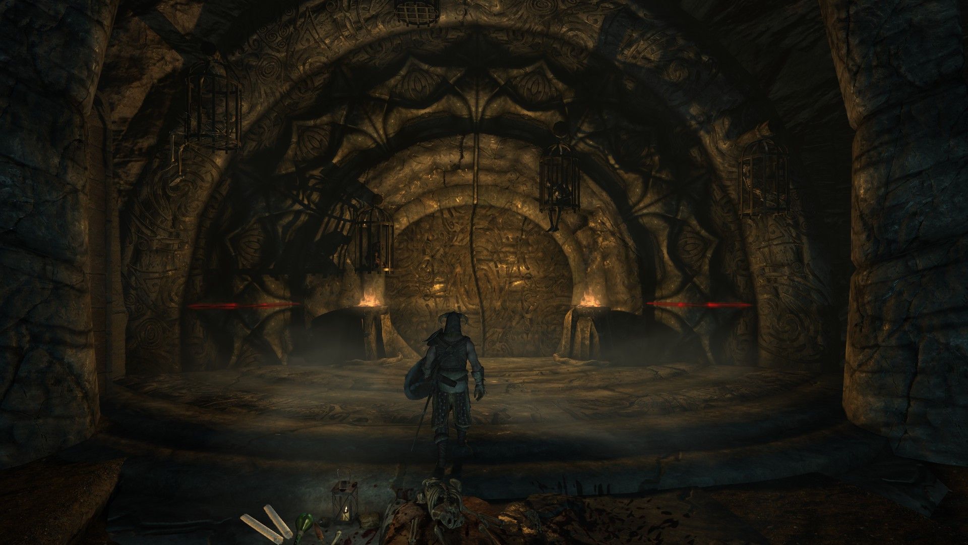 An adventurer strides toward a stone door leading into an ancient tomb.