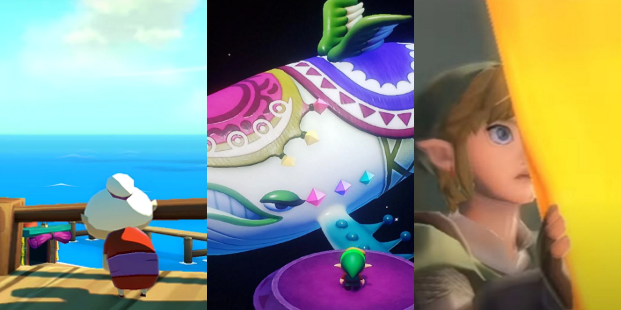 Split image screenshots of Link's grandma in The Wind Waker, Link looking at the Wind Fish in Link's Awakening, and Link with Zelda sealed in the crystal in Skyward Sword