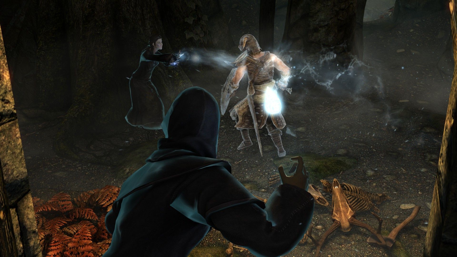 An adventurer dressed in leather armor is attacked by a pair of mages, pelting him with ice magic.