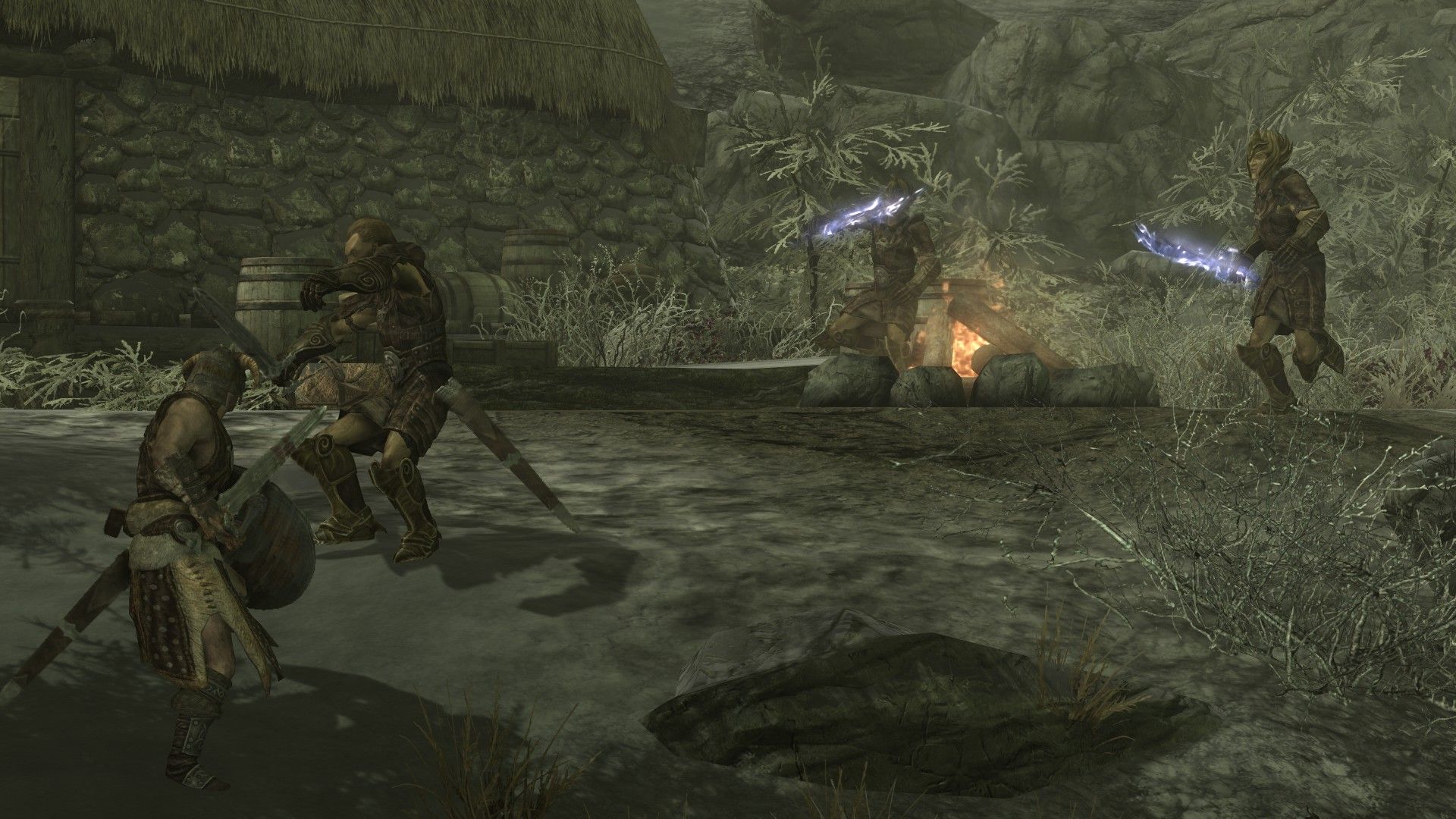 A warrior attacks a collection of enemies all holding magical swords on an ash-covered area.