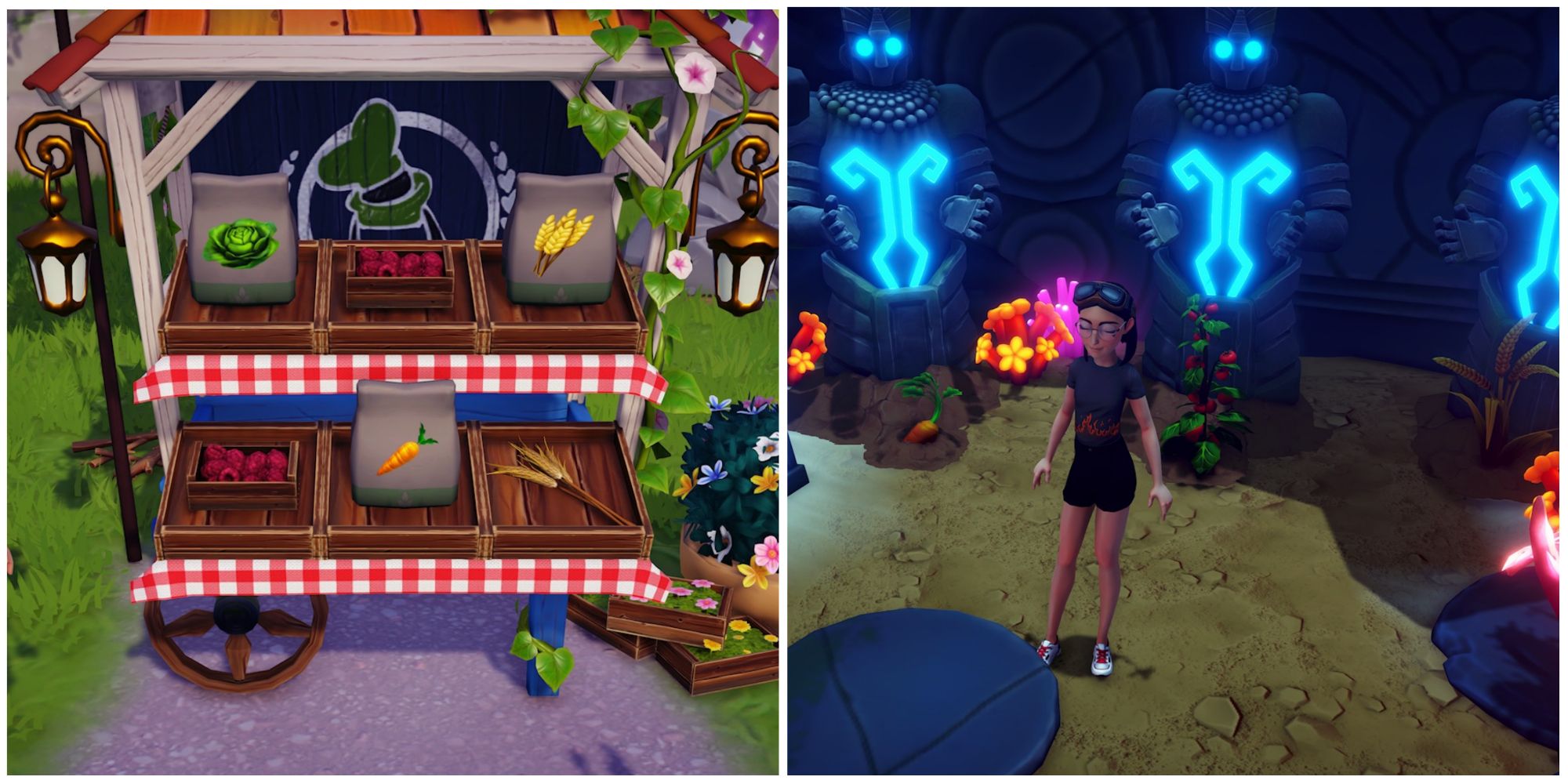 goofy's stall and atlantis statues with crops