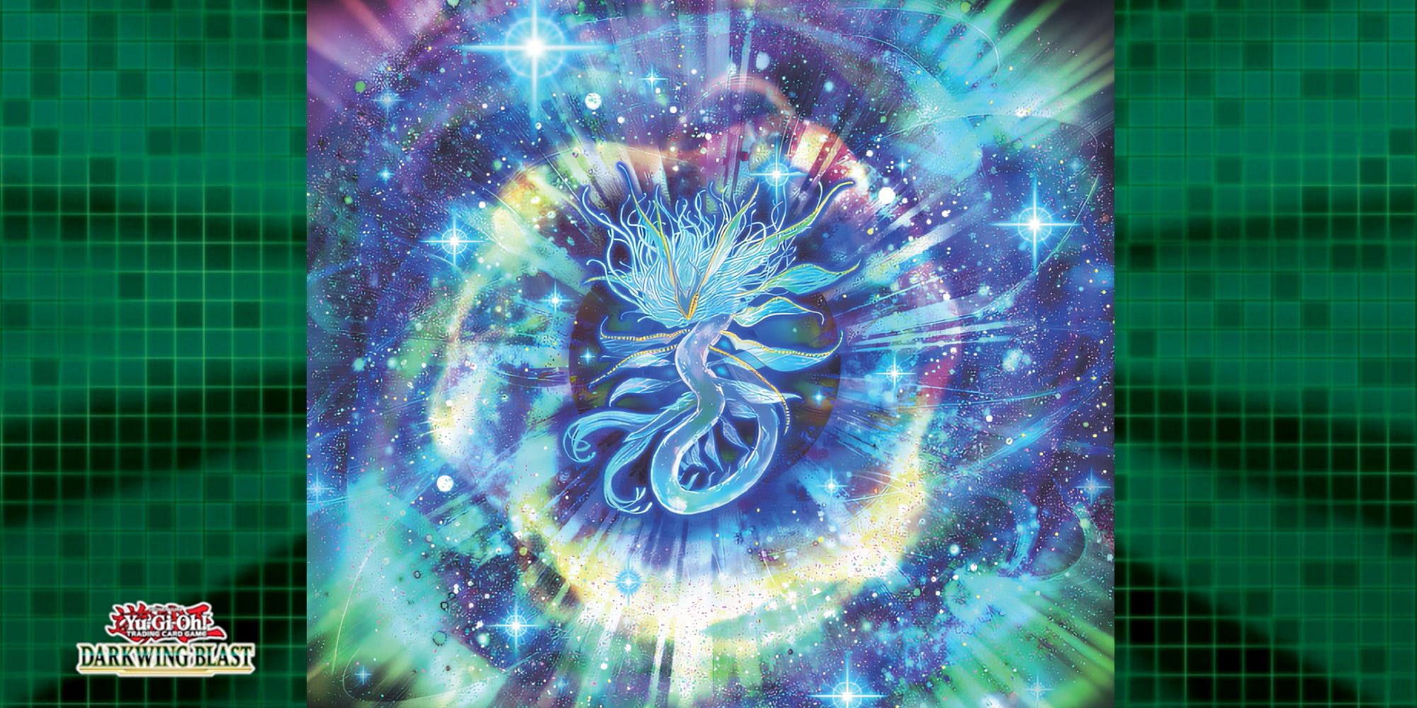 The trap card, Ghoti Cosmos. It shows an ethereal, iridescent, light blue fish floating in a bright, bursting nebula of gold, purple, and deep blue.