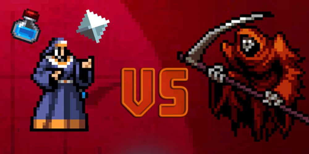 Clerici, armed with Santa Water and Runetracer, versus Red Death.