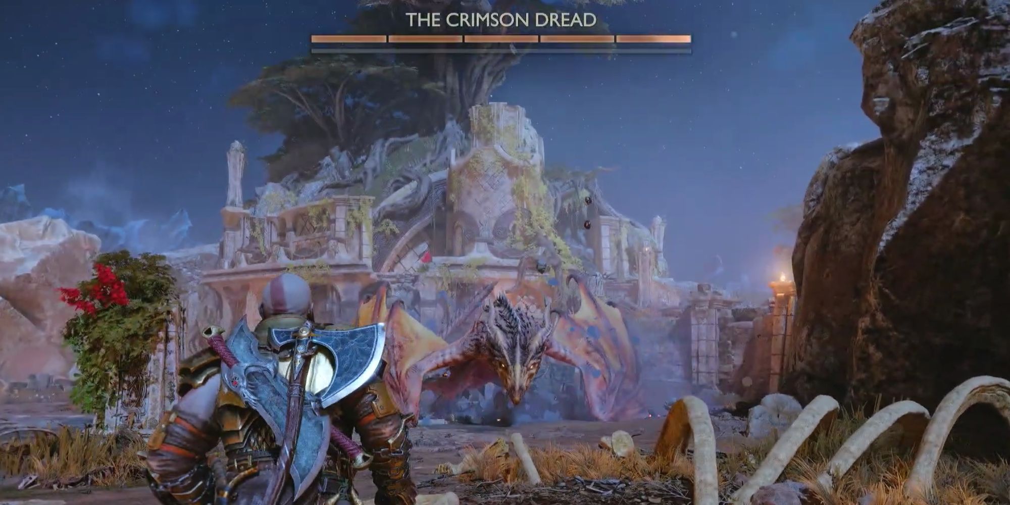 Kratos looking at a dragon called The Crimson Dead in Vanaheim.