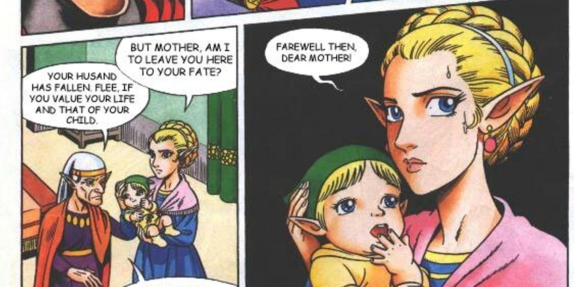 panel from ocarina of time showing baby link, along wiht his mom and grandma