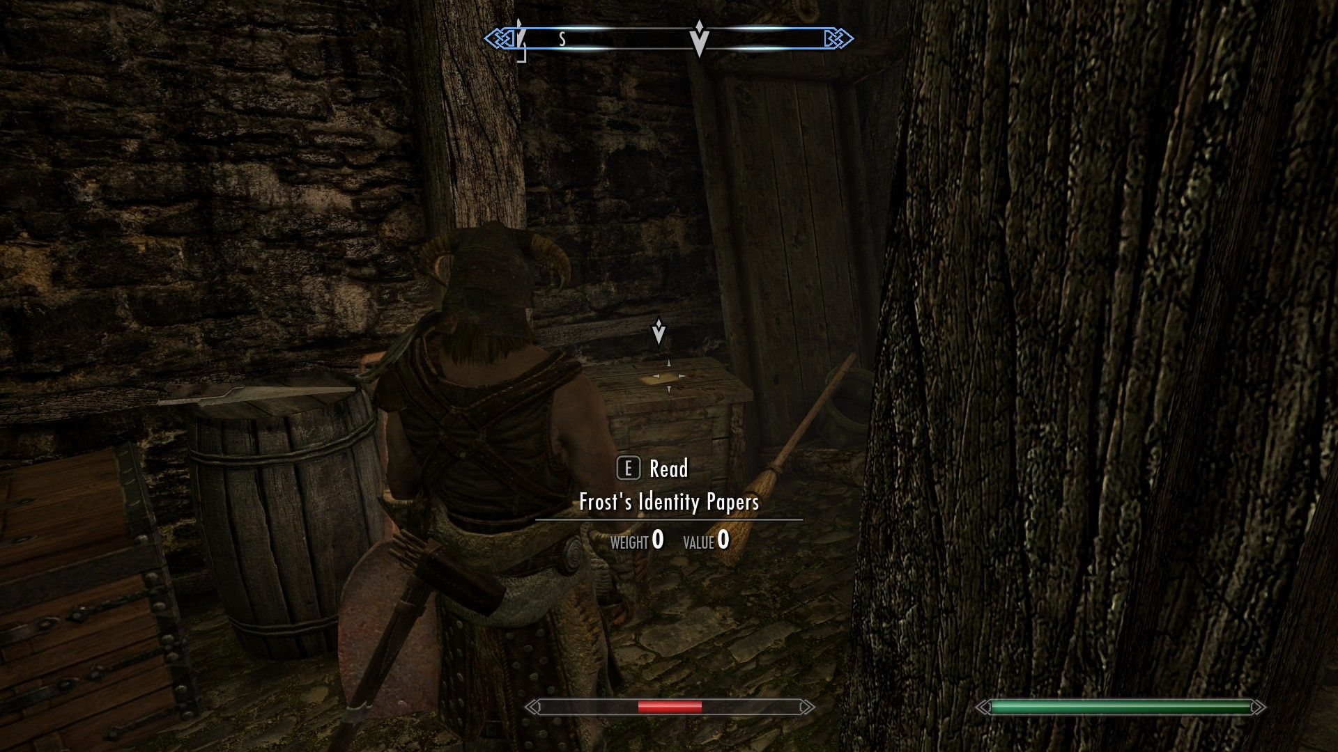 A screenshot of an adventurer about to steal valuable documents in the basement of a hose.