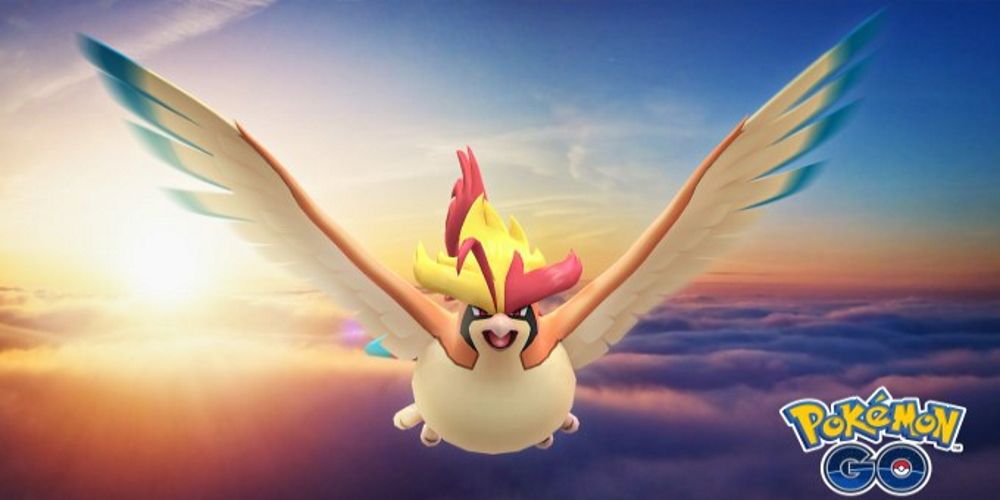 Mega Pidgeot from Pokemon flying in the sky over the clouds