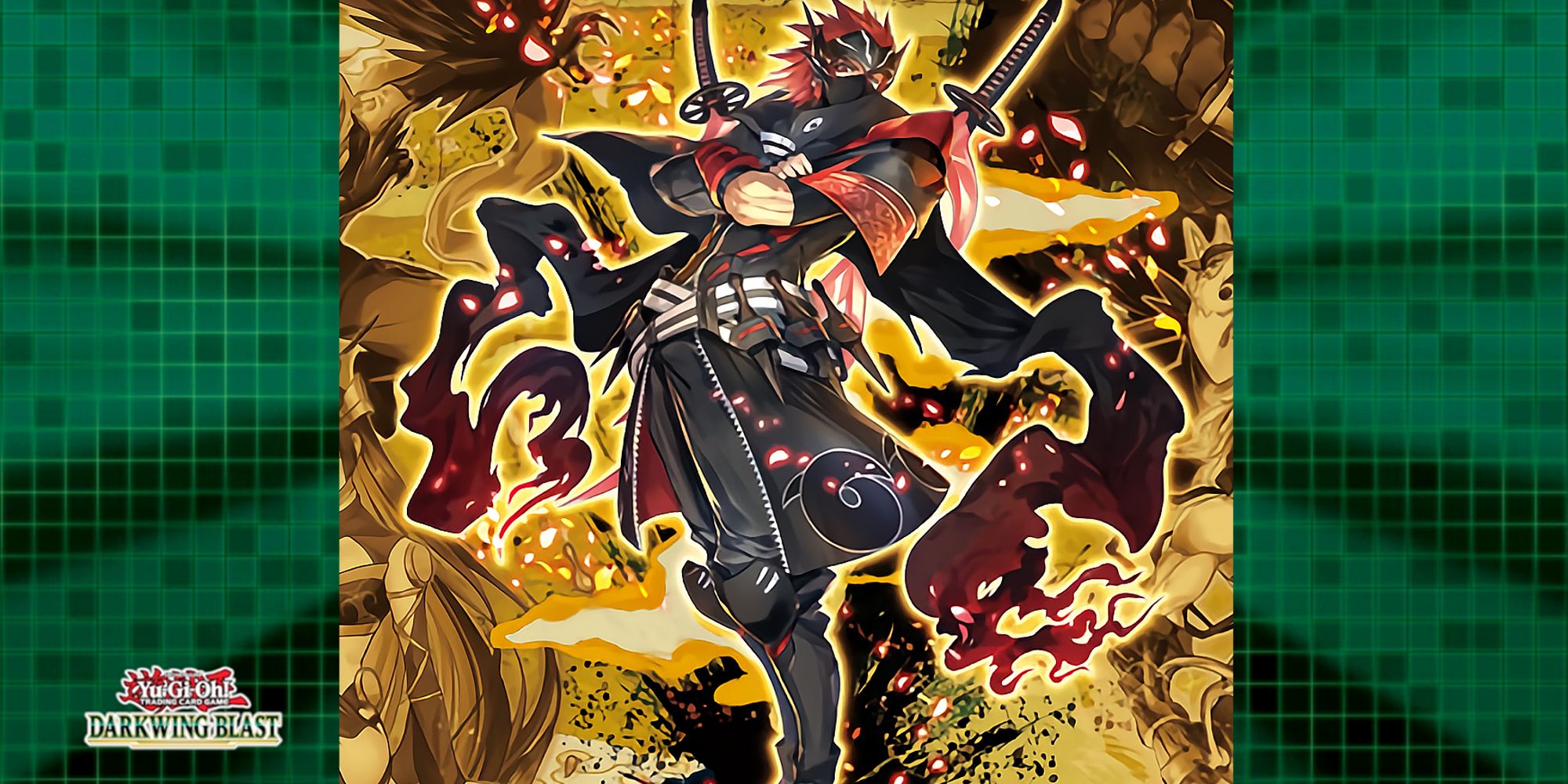 Meizen the Battle Ninja stands on a bright gold background with intricate black brushstrokes, his red and black scarf fluttering in the wind.