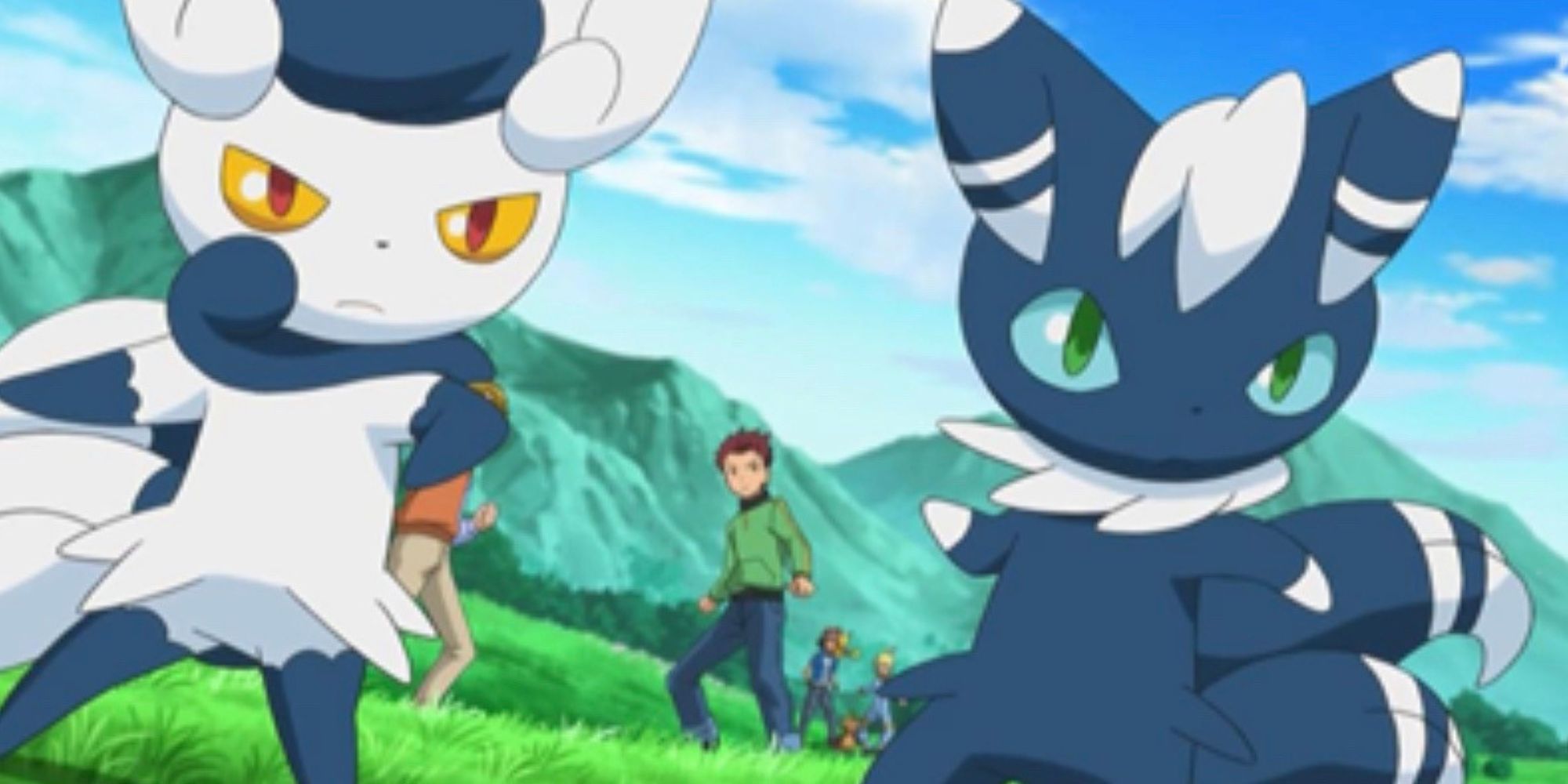 A pair of Meowstic prepare for battle in a field in front of people
