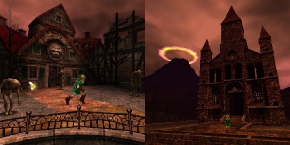 Split image screenshots of Castle Town and the Temple of Time seven years later in Ocarina of Time.
