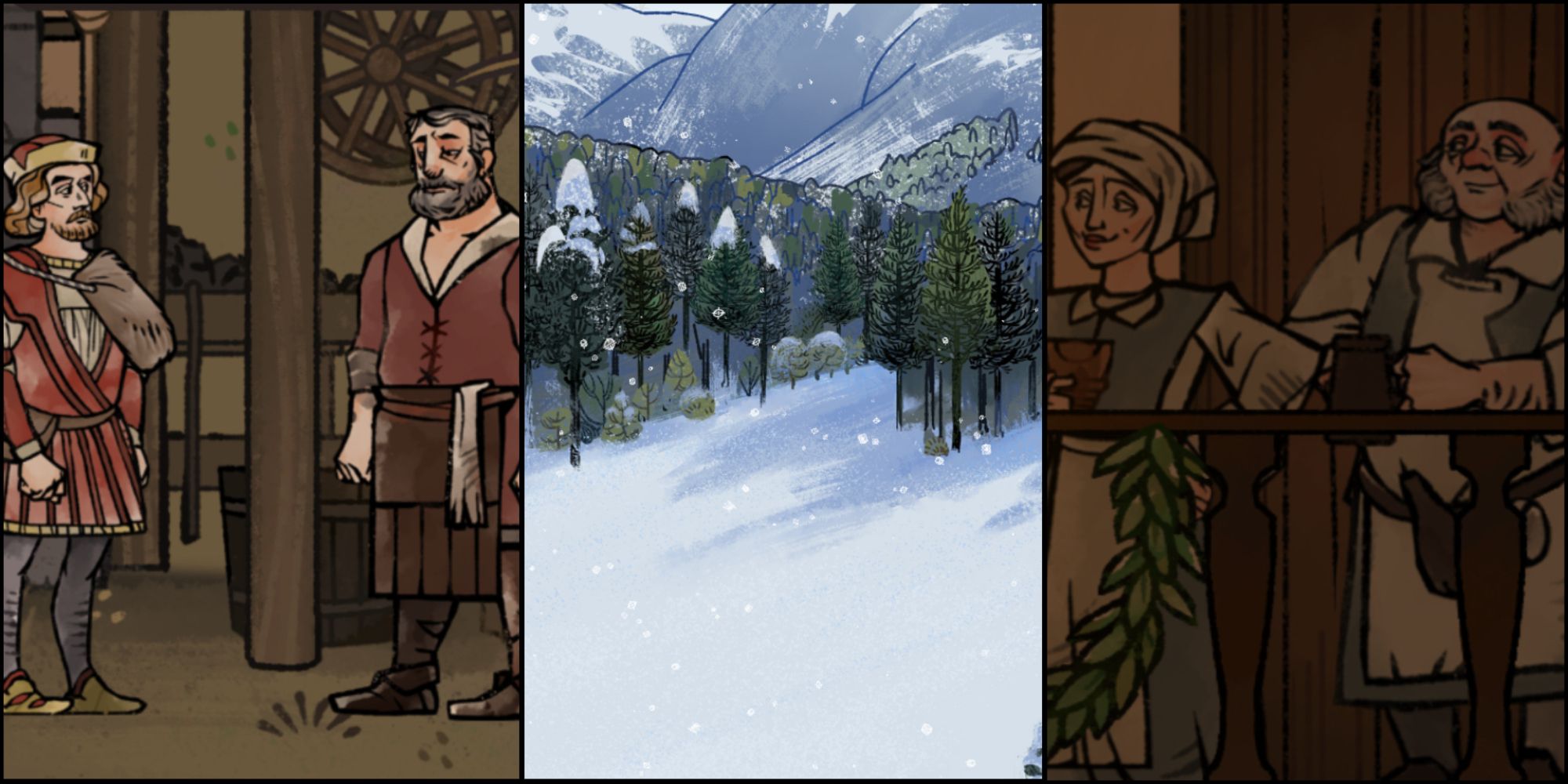 Pentiment - Collage of Endris speaking to Andreas, the snowy Alps, and Matilda and Wojslav