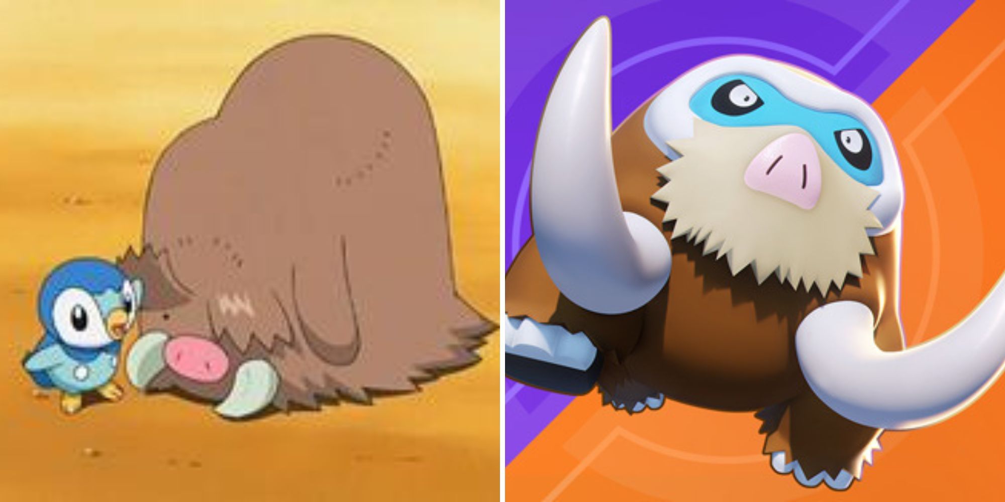 Piplup looks at Piloswine's eye and Mamoswine floats in front of an orange background