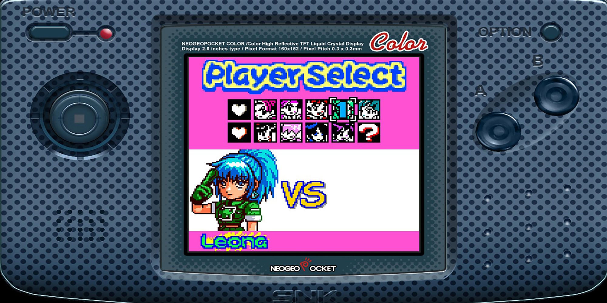 A pink Player Select screen featuring Leona from SNK Gals' Fighters.