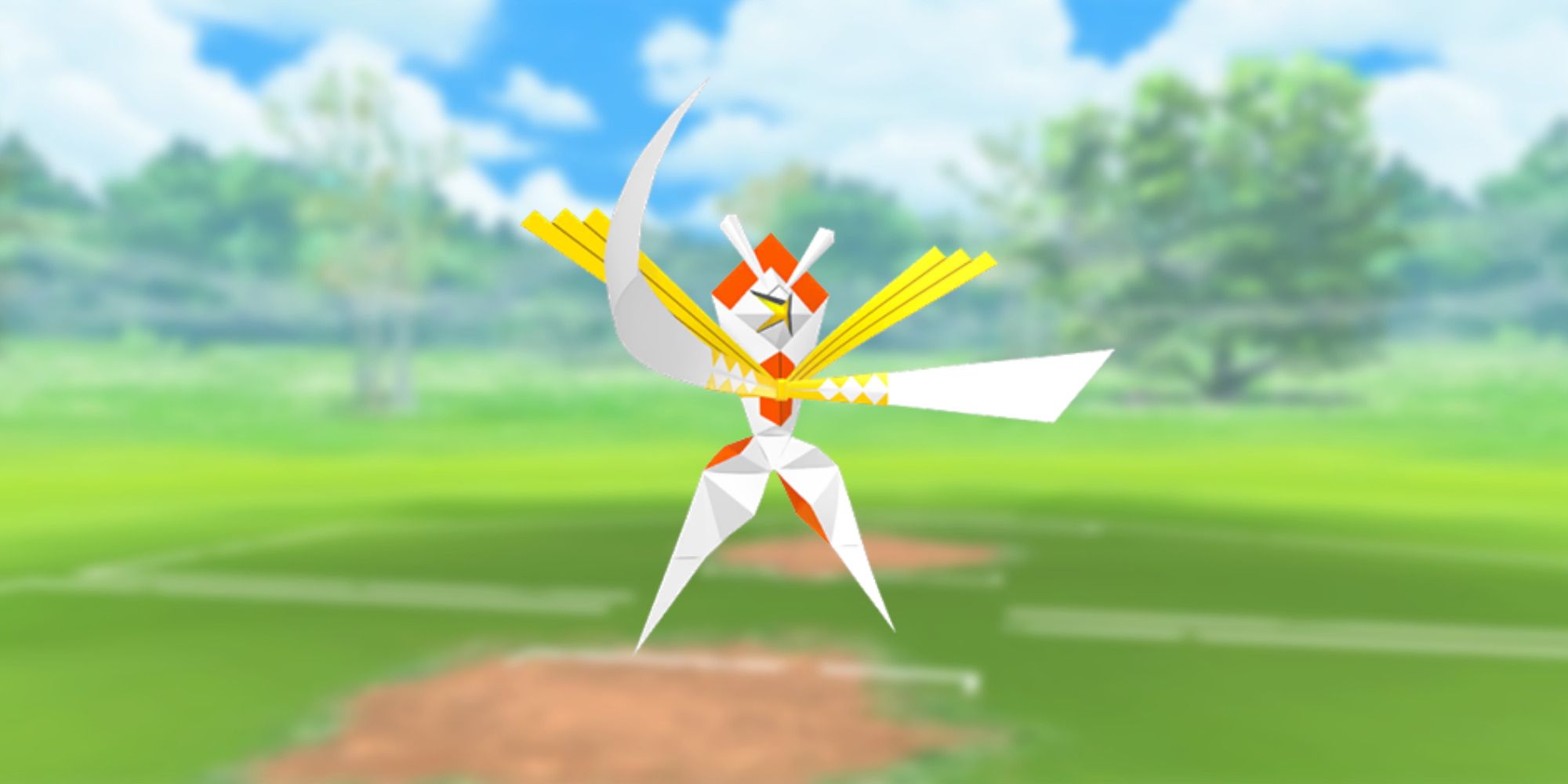 Kartana from Pokemon with the Pokemon Go battlefield as the background
