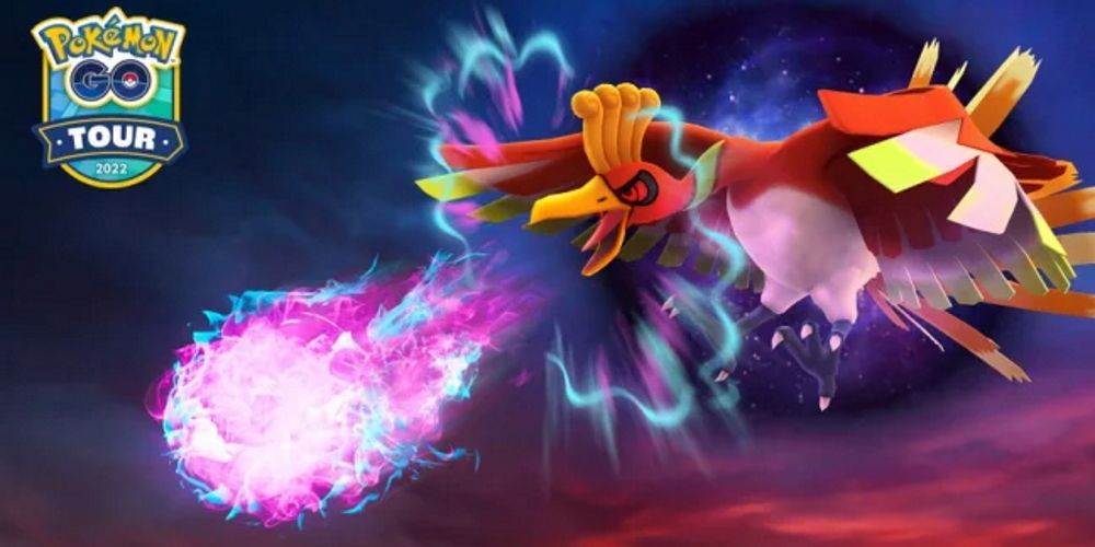 Shadow Ho-Oh using an attack with the Pokemon Go Tour logo in the top-left corner