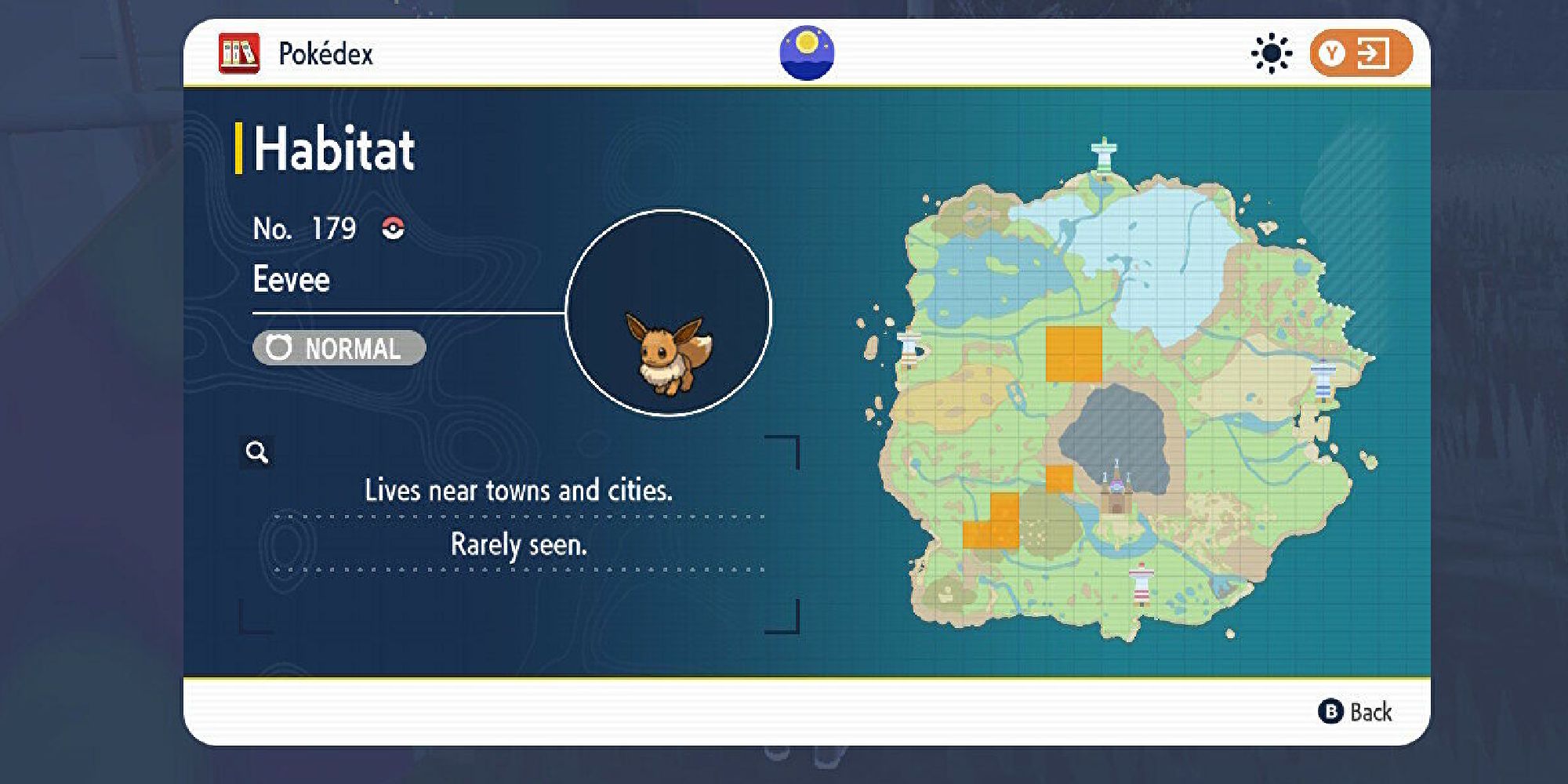 map highlighting locations of eevee in paldea