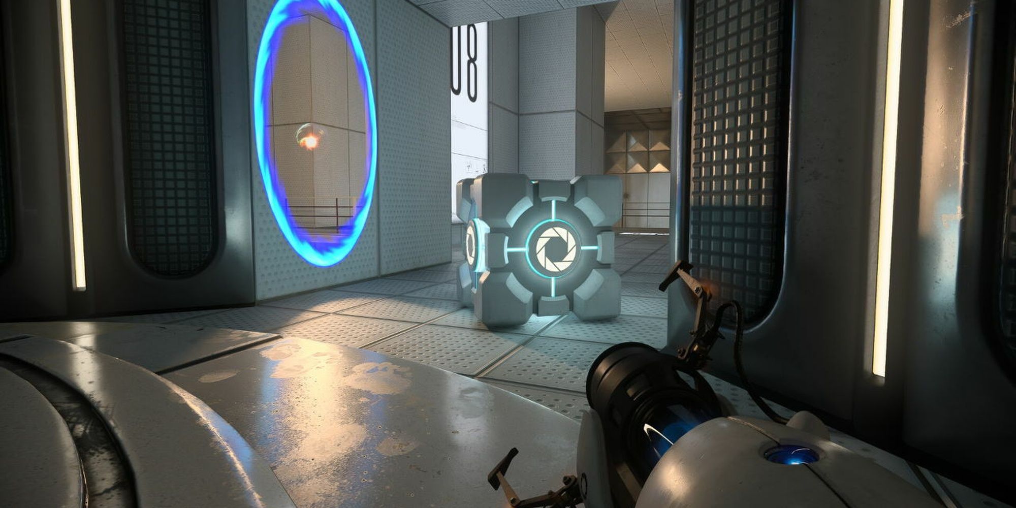 Portal: Lifting A Cube Through A Blue Portal Within The Labs