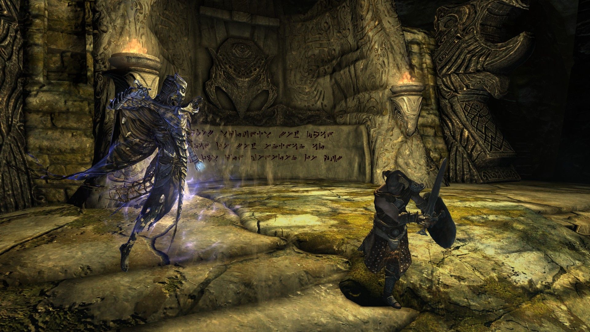 A dragon priest wreathed in lightning stares down a brave adventurer in front of ancient ruins.