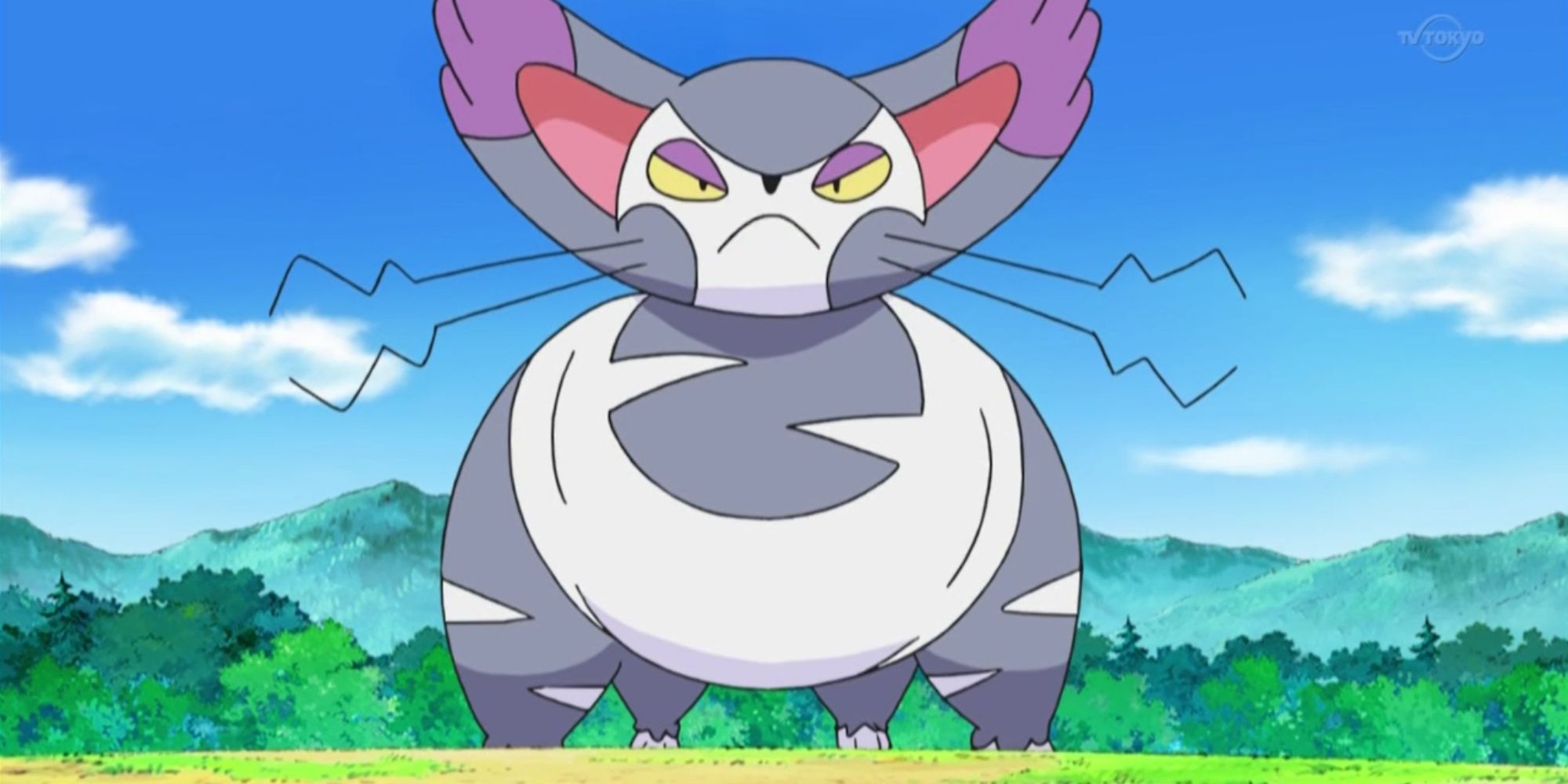 Purugly walks down a dirt path in front of a mountain