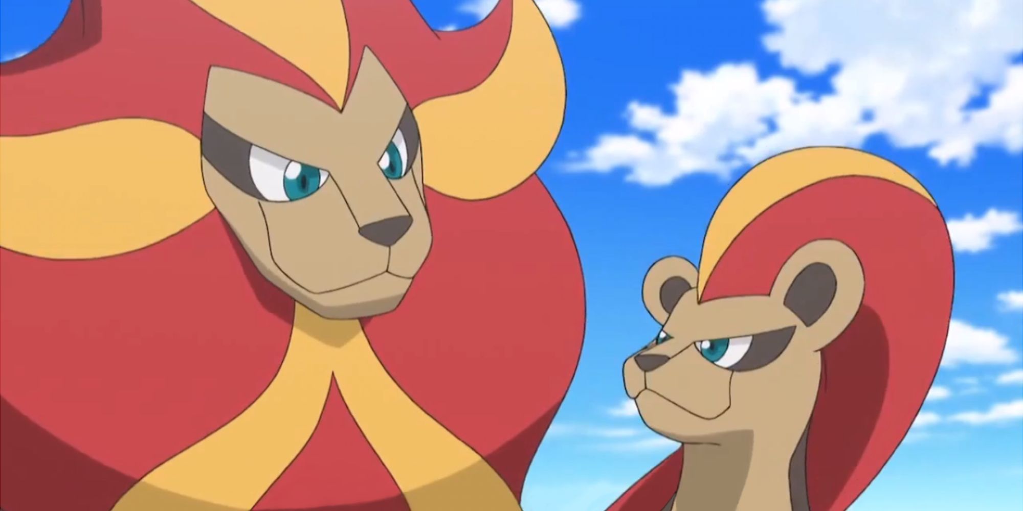 A male and female Pyroar look at each other