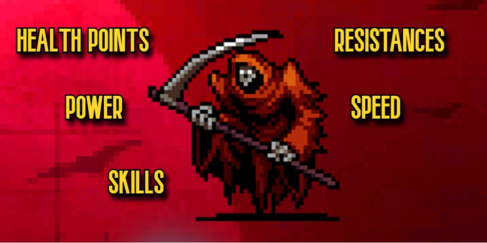 Red Death and all of his stats including Health Points, Power, Skills, Resistances, and Speed.