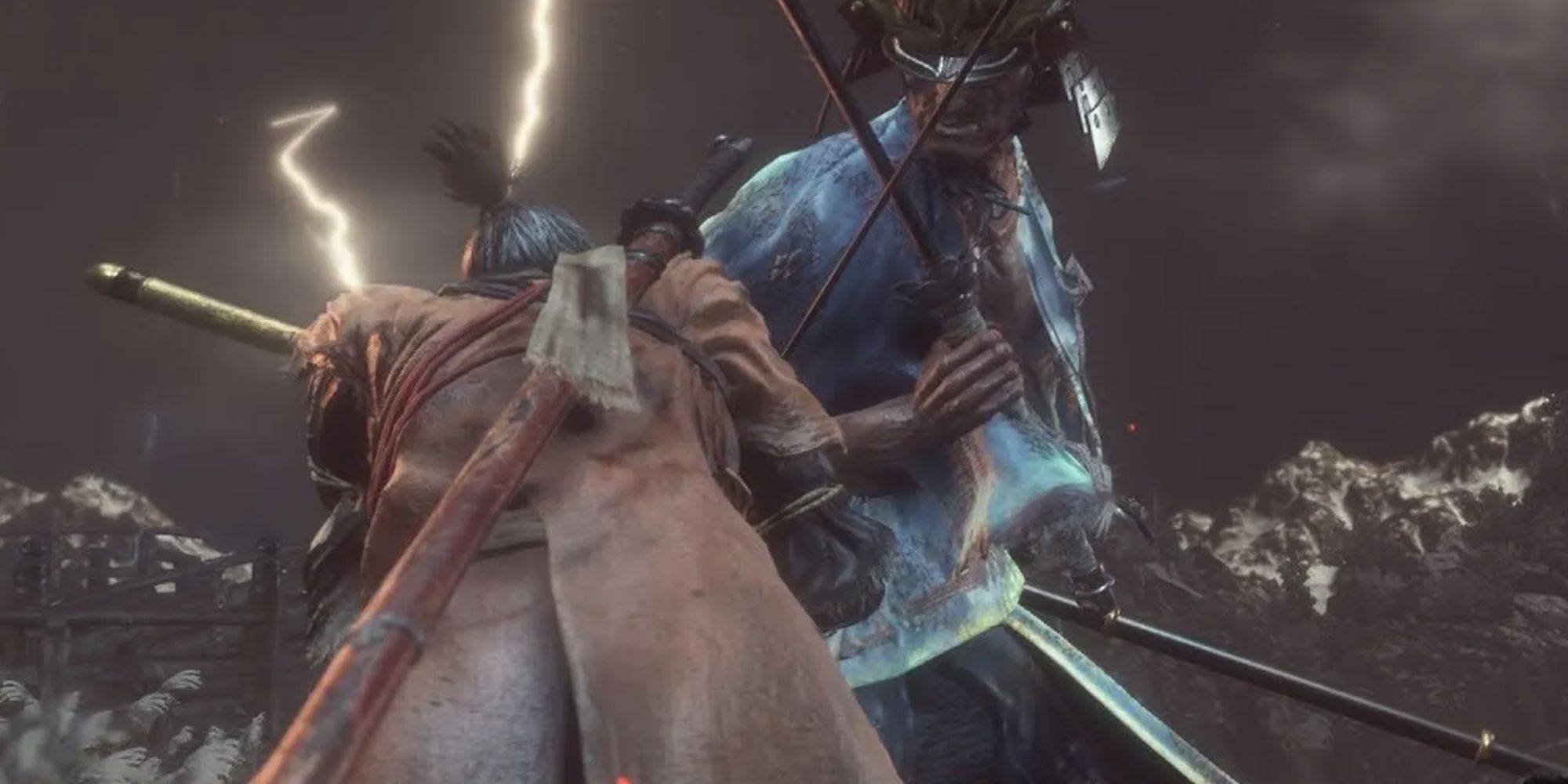 Sekiro vs Sword Saint Isshin in field of flowing flowers.