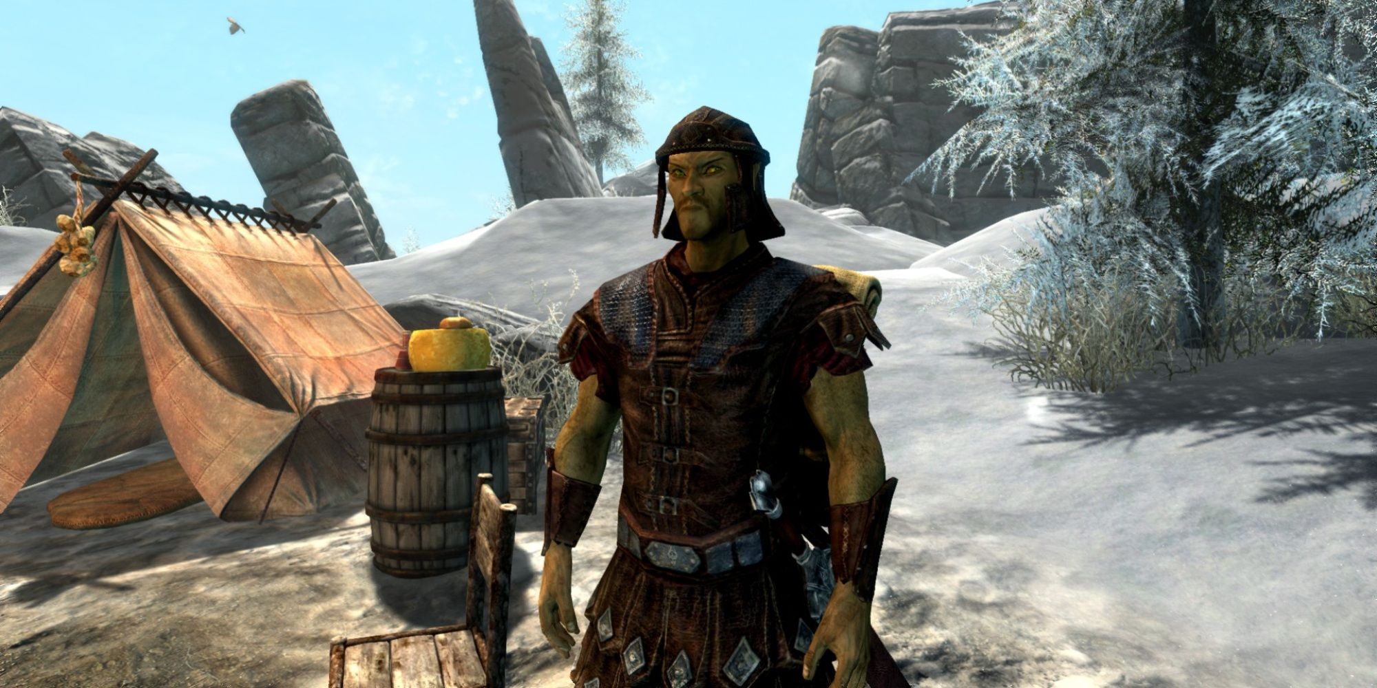 Skyrim screenshot of NPC Captain Valmir at his Forelhost camp.