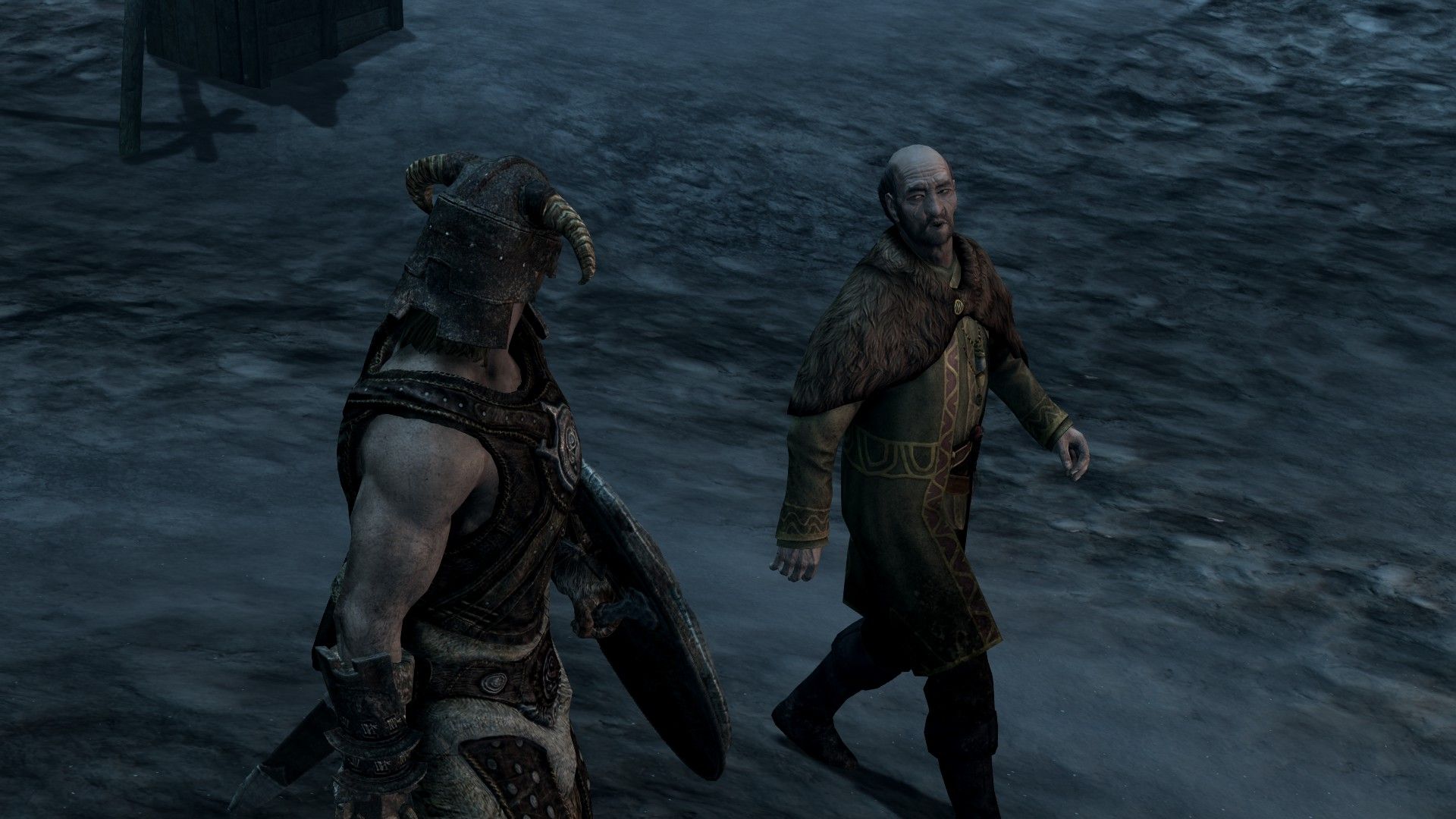 A well-dressed man speaks to an adventurer dressed in leathers in a snowy village.