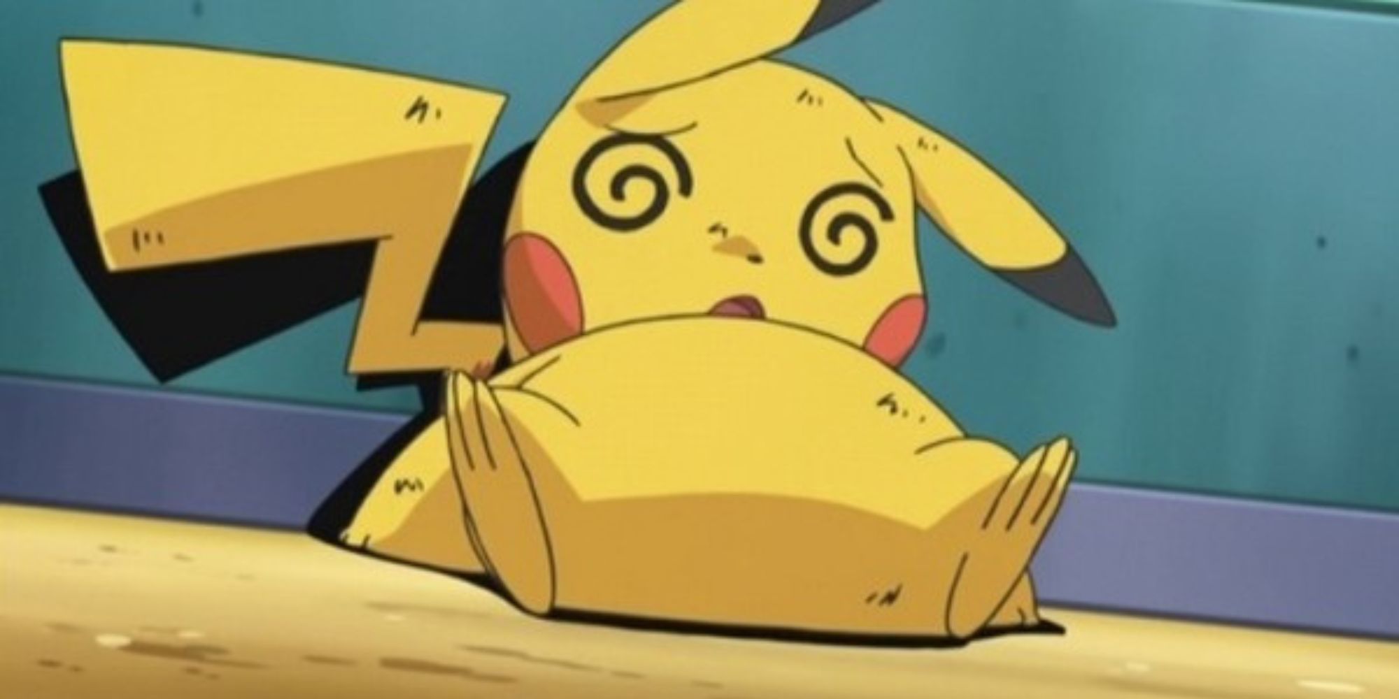 A defeated Pikachu leans against a wall