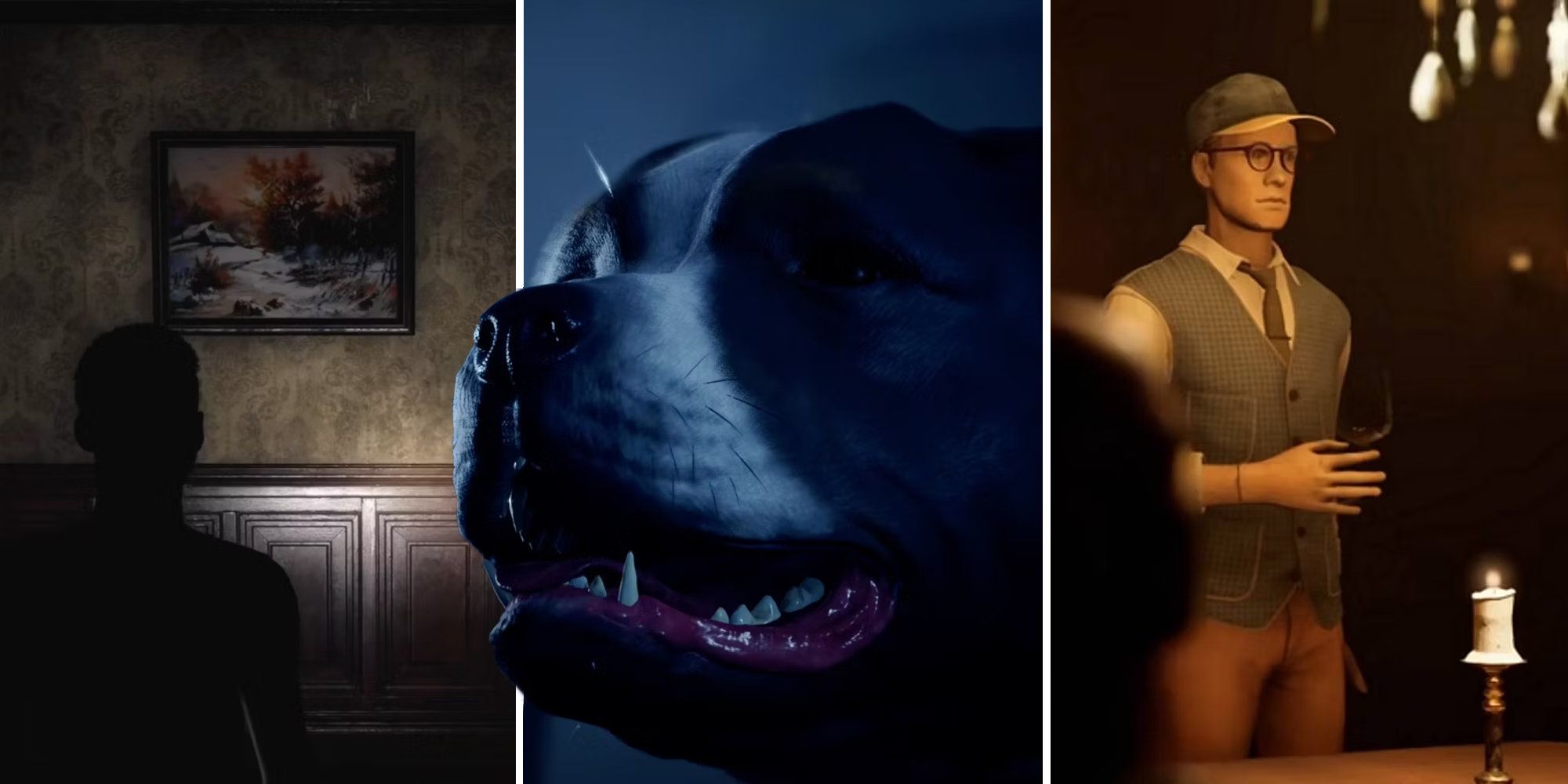 Split image of a portrait, a dog, and a dinner party.