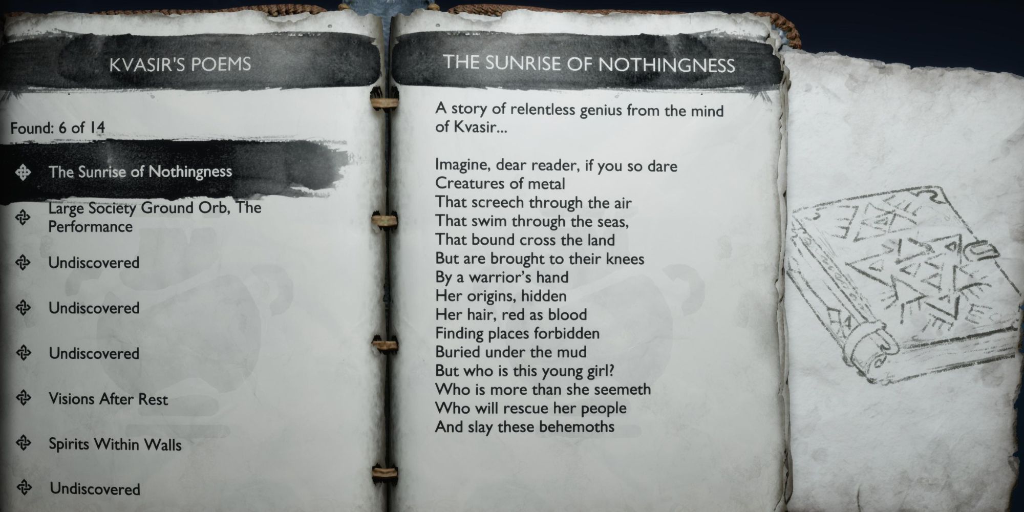Screen showing Kvasir's Poems. Six out of fourteen have been collected, with the section currently on "The Sunrise of Nothingness."