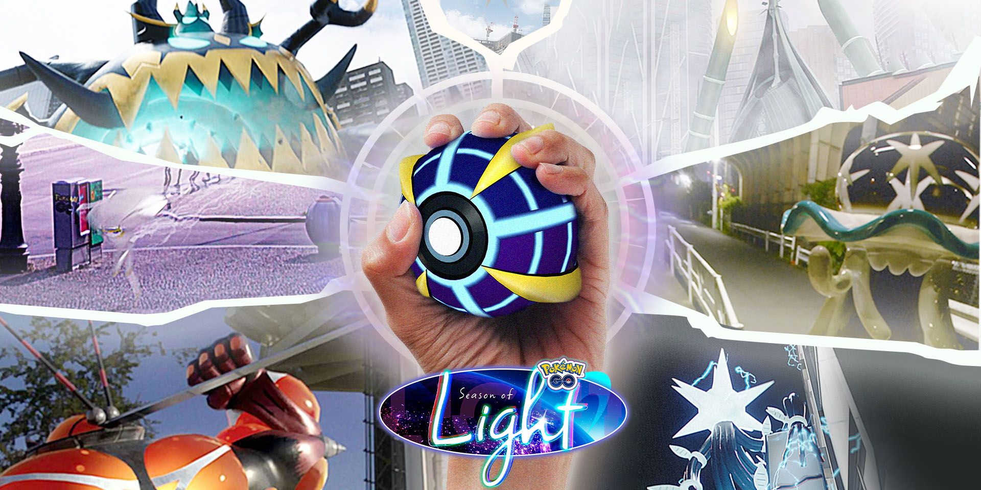Split image of several Ultra Beasts with a hand holding a Beast Ball in the center