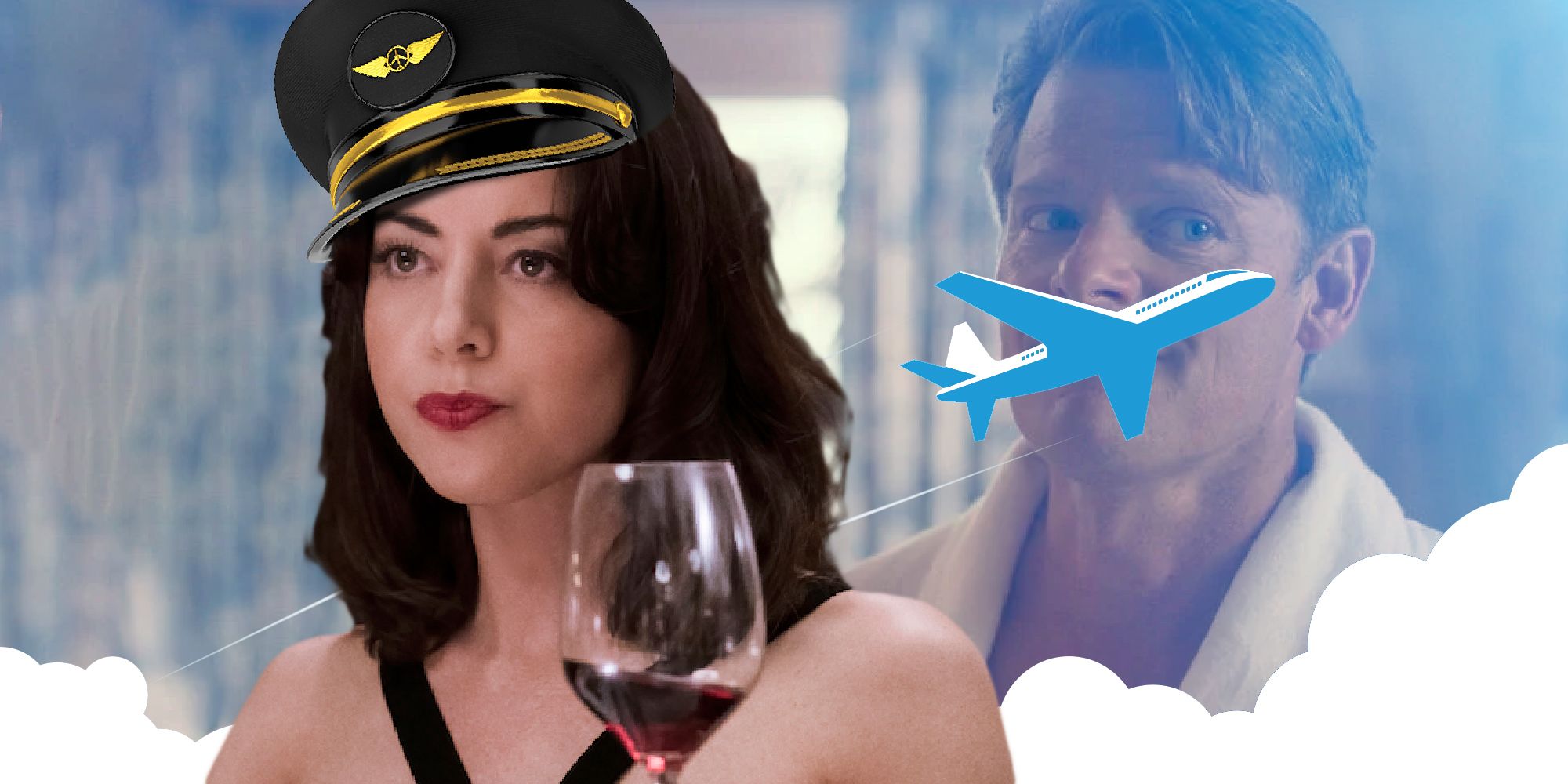 The White Lotus' Aubrey Plaza in a captain's hat next to Steve Zahn with a plane flying across his face.
