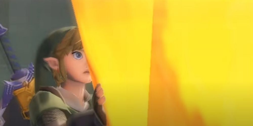 Link looking at Zelda sealed in the crystal in Skyward Sword.
