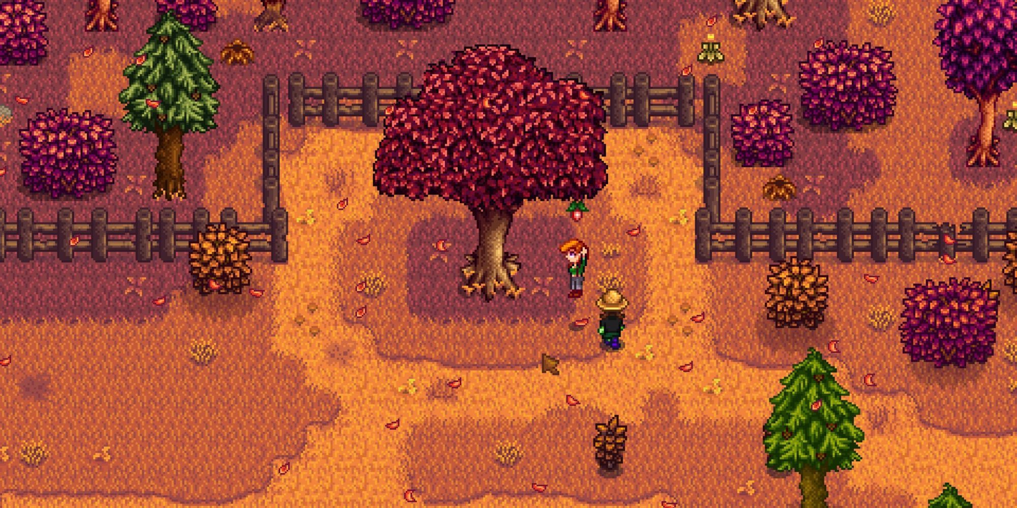 Leah and the player stand by a tree as she tries to get a fruit dangling from the branch