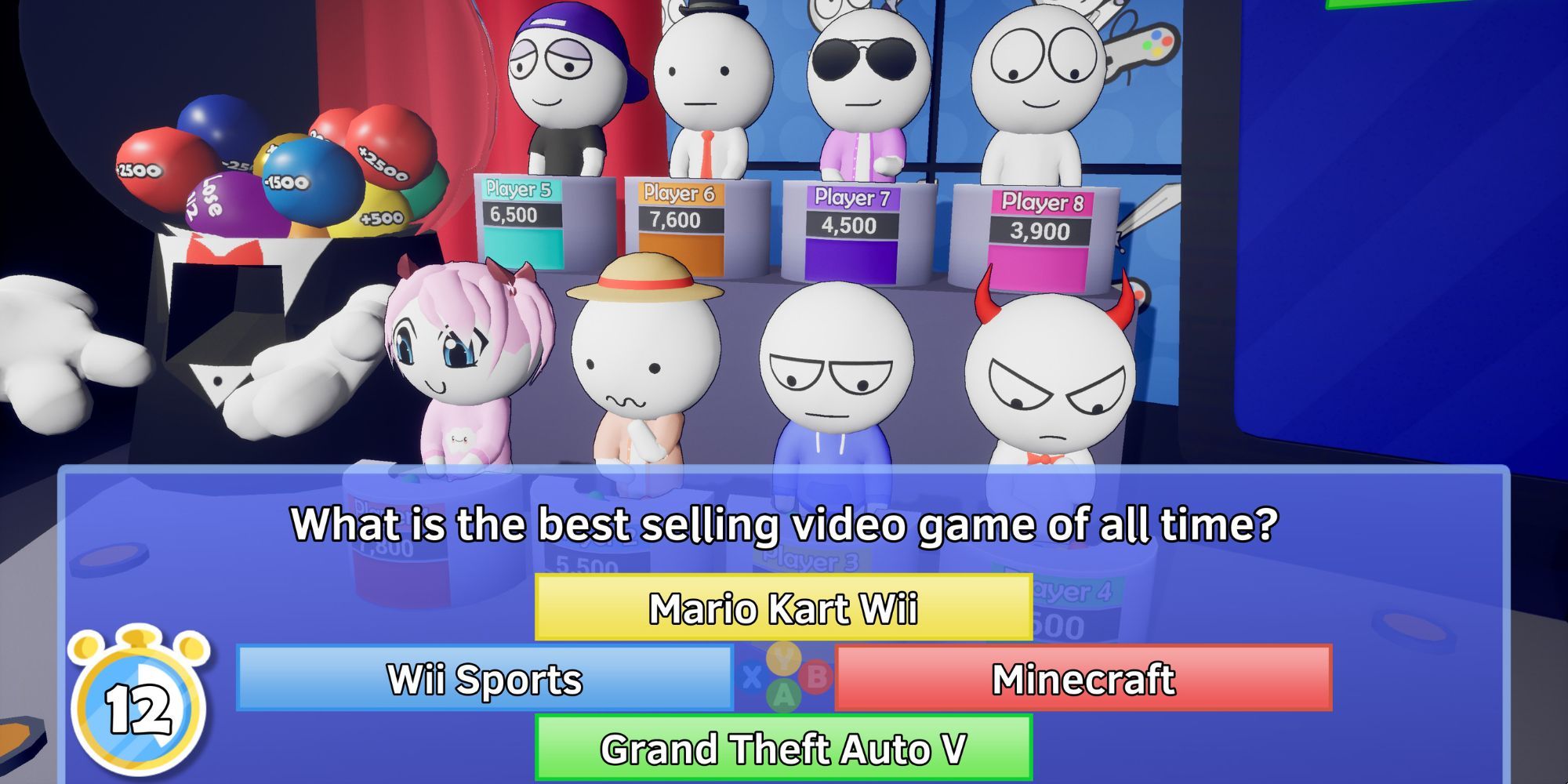 8 Players on podiums answer a multiplie choice question on what the best selling video game of all time is